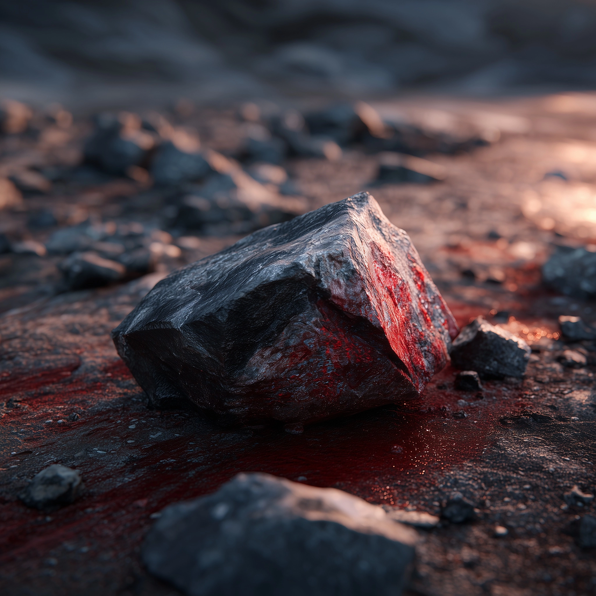 A jagged rock in a medieval landscape laying in the dirt
