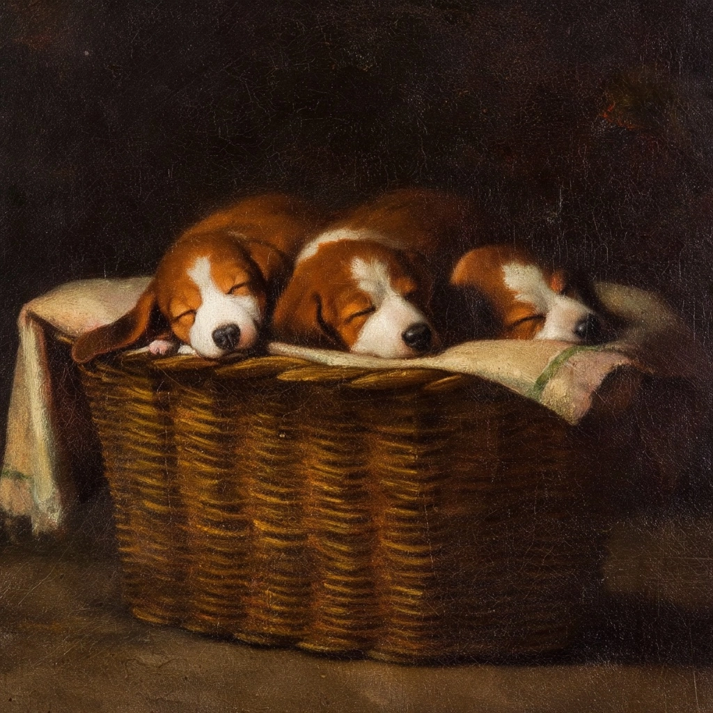 Sleeping cats, A heartwarming traditional oil painting of a litter of cute hound puppies sleeping pe