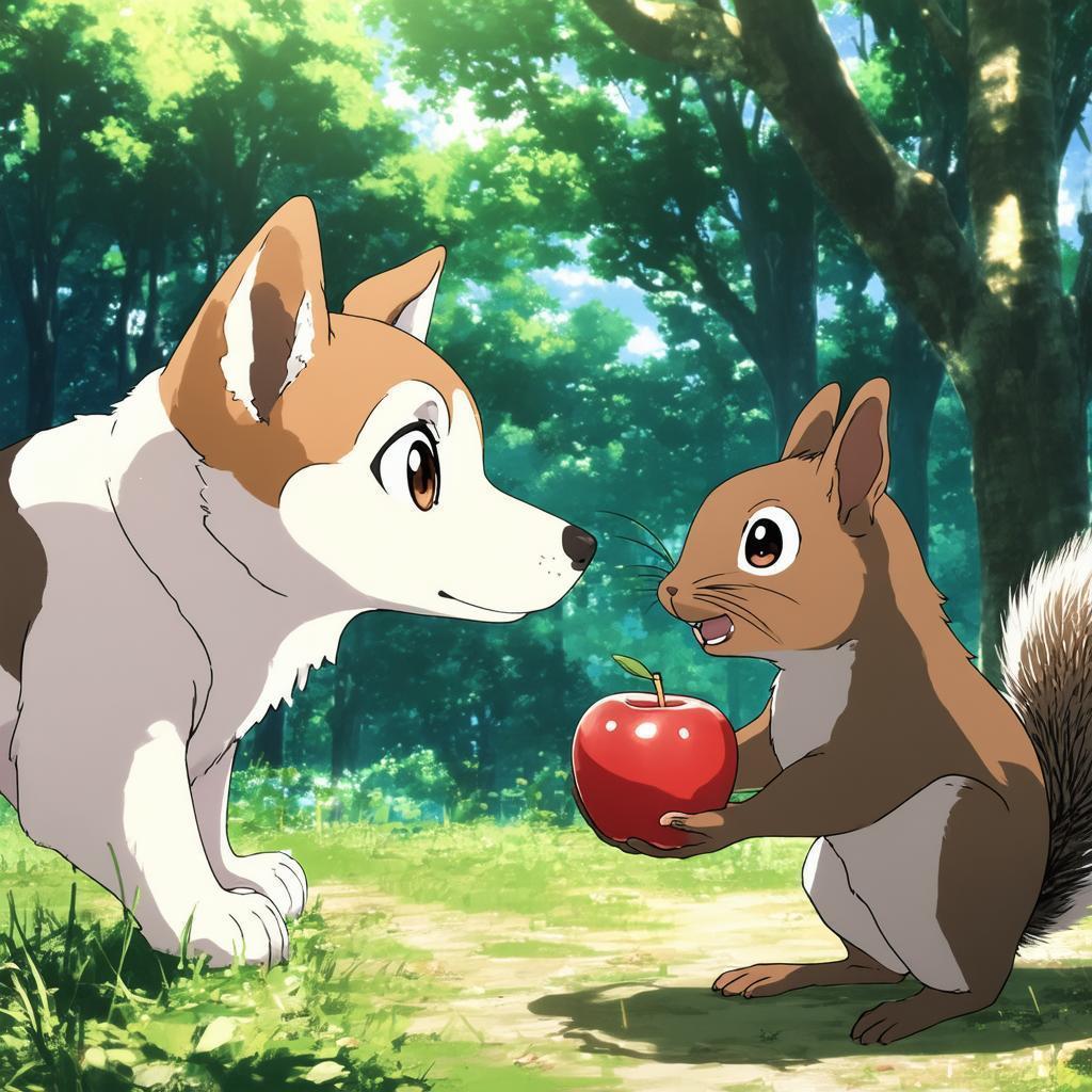 Wide Eyed Anime Dog Sharing an Apple