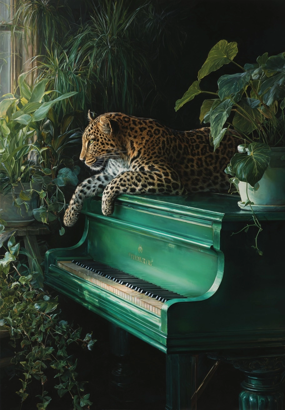 A leopard with its upper body raised, half resting on a bright vivid green grand piano; well-lit roo