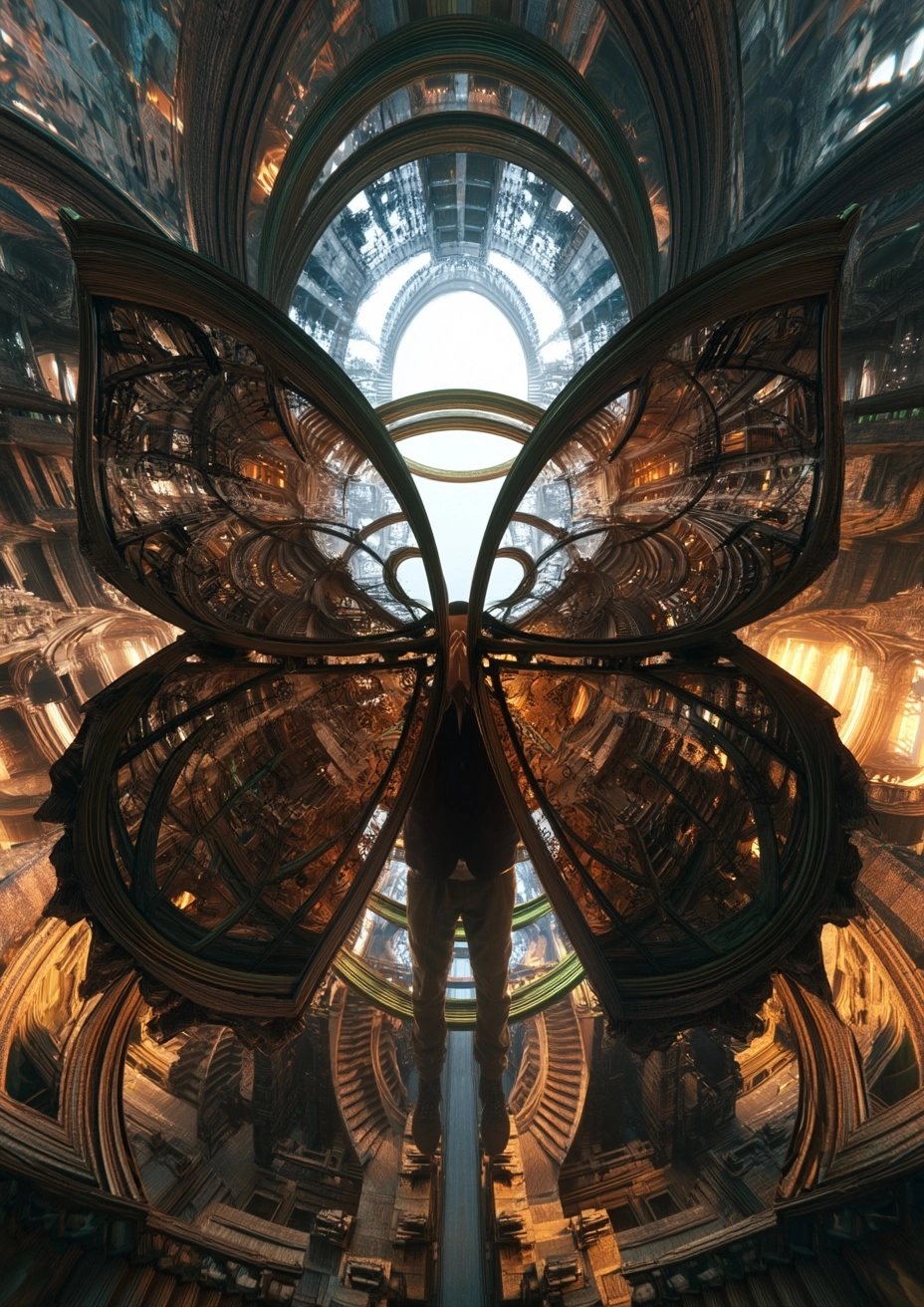 A mysterious person holding a butterfly-shaped structure in front of their face