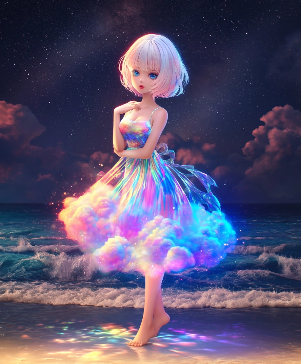 Photgraphic image, A girl in an iridescent dress made of glowing clouds stands on the beach at night