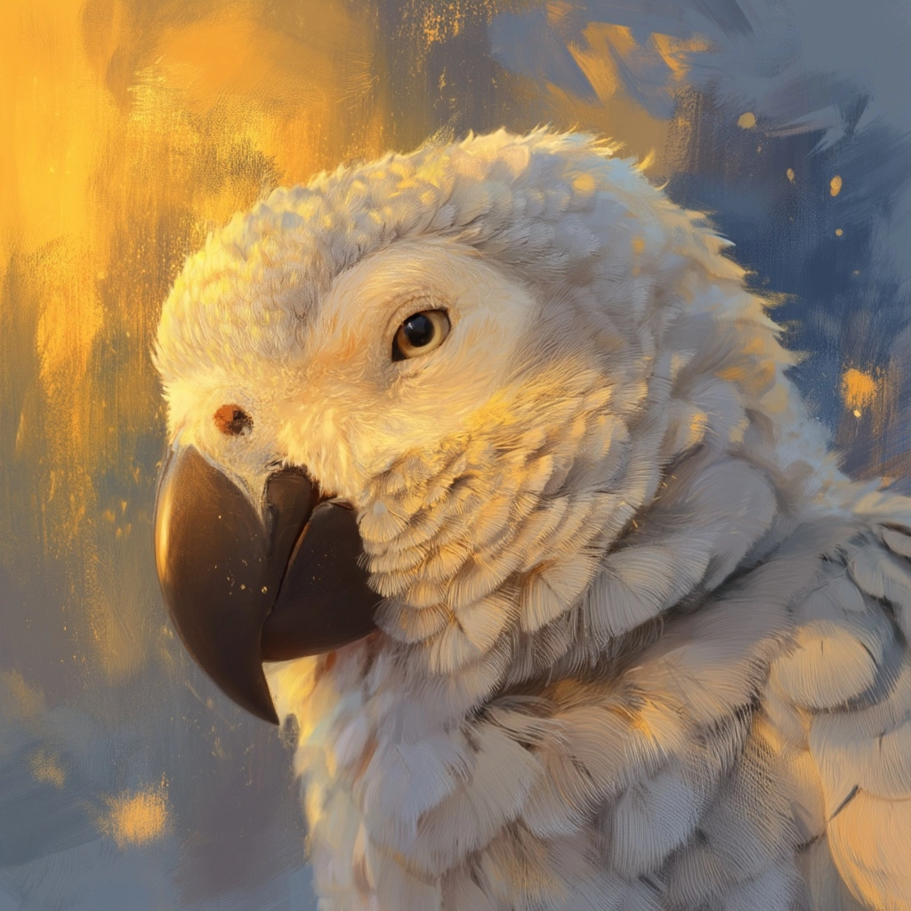 A parrot with mixed gray and gold colors, looking a little shy. (Watercolor/oil painting style