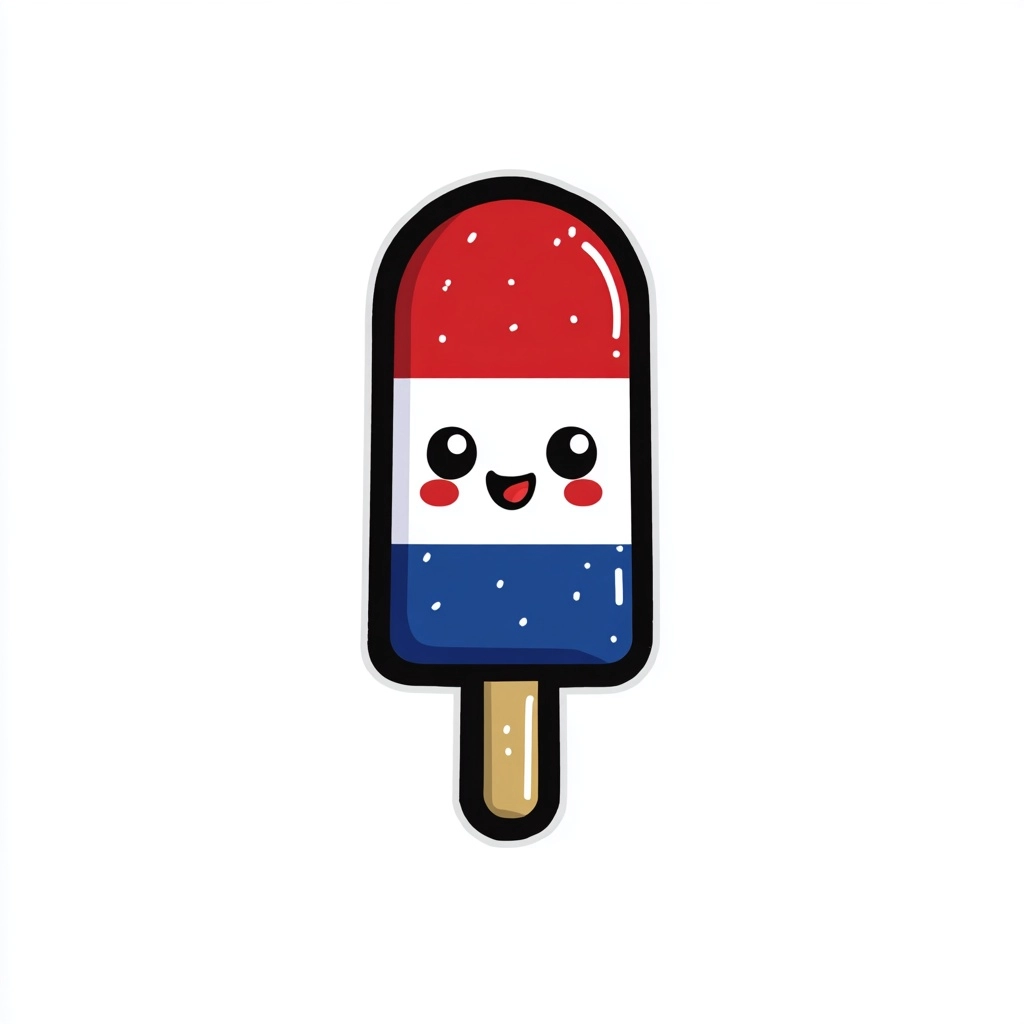 A patriotic rocket popsicle with red top section, white middle, blue bottom, on a wooden stick