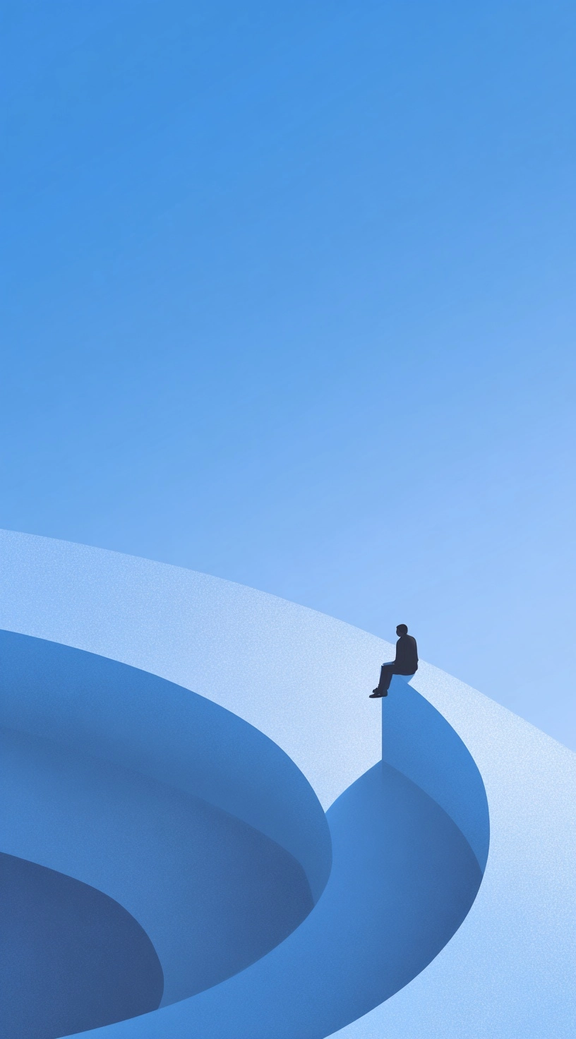 A person sits on the edge of an abstract, round structure with smooth curves and gentle gradients in