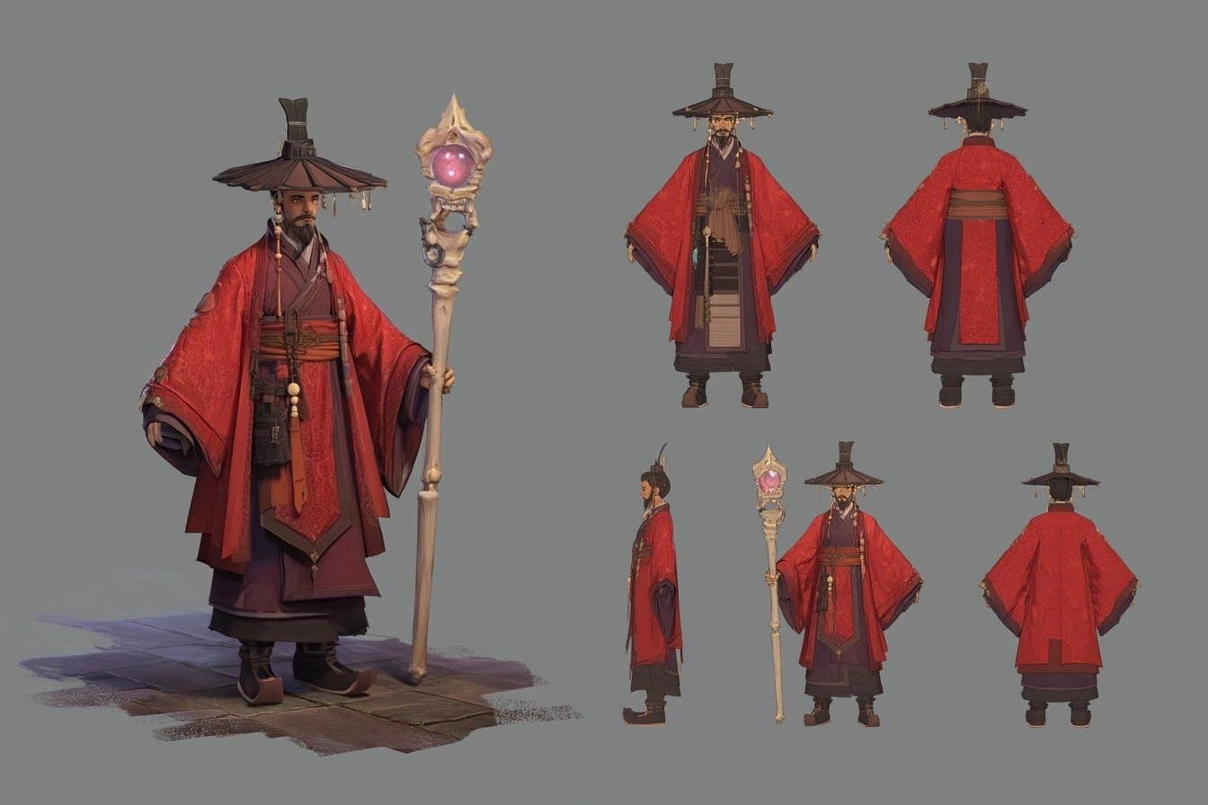 A Qin Dynasty alchemist, wielding a bone staff, with a stylized cartoonish appearance