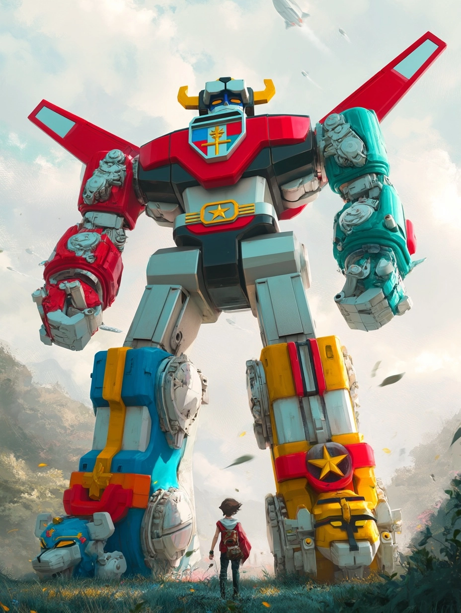 A robot inspired by old japanese anime Voltron, realistic rendering style