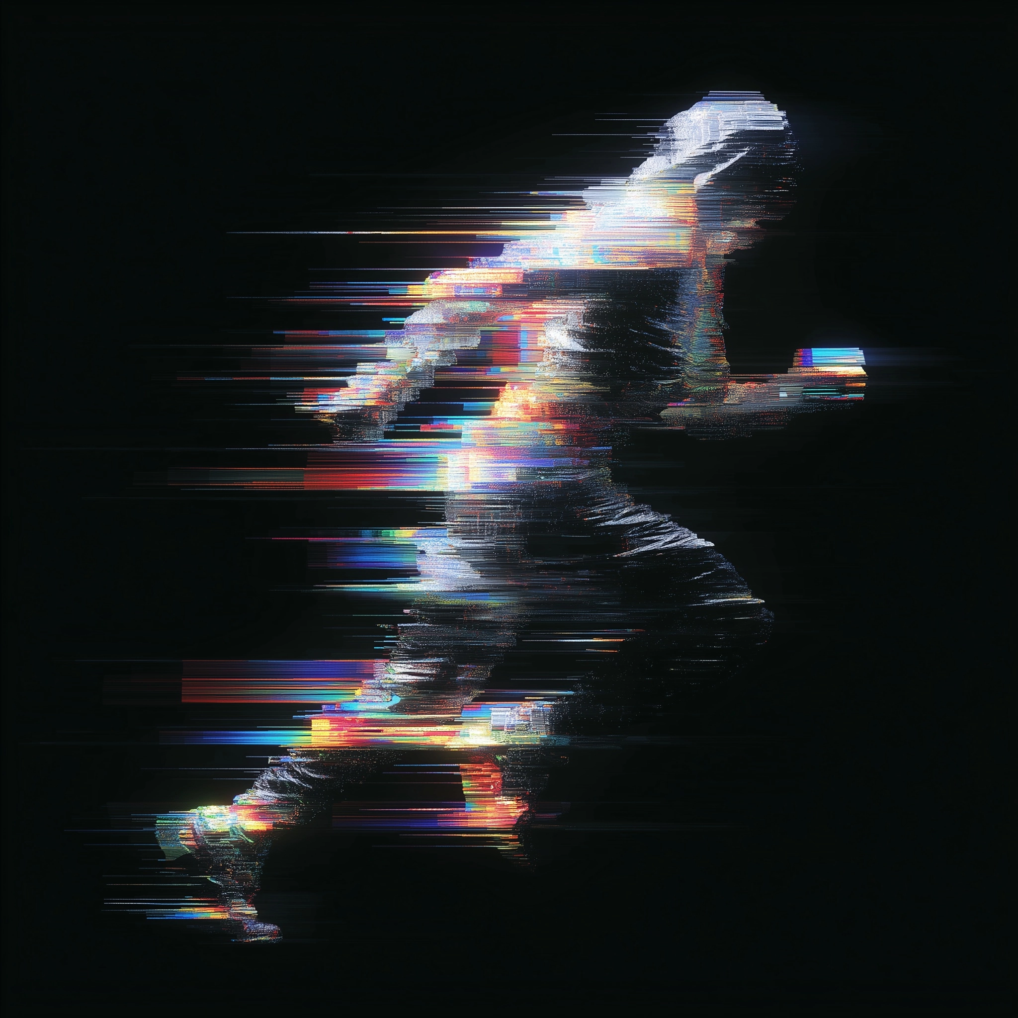 A running human figure formed by digital glitch fragments
