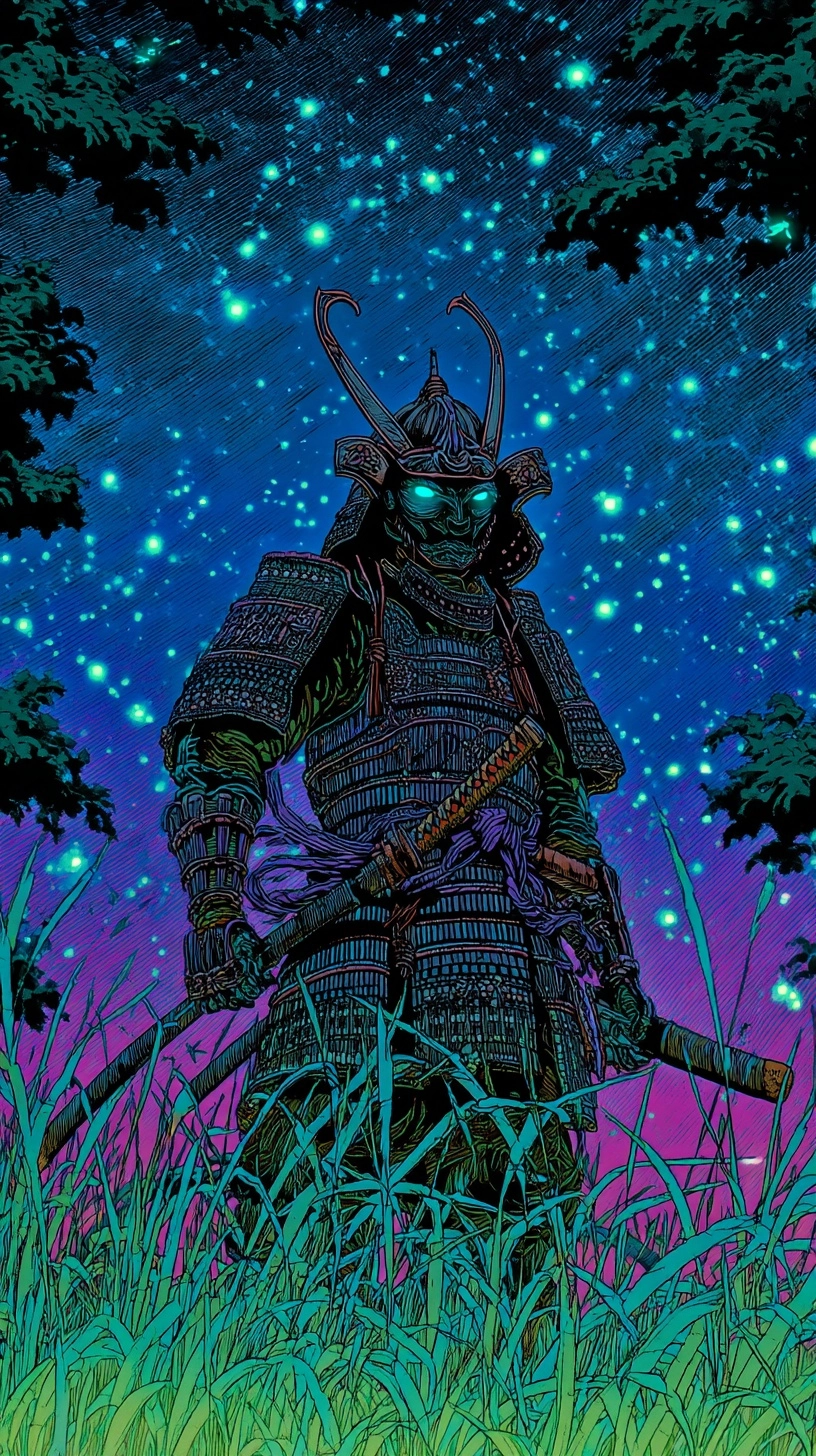 A samurai standing in the grass, the sky full of black stars