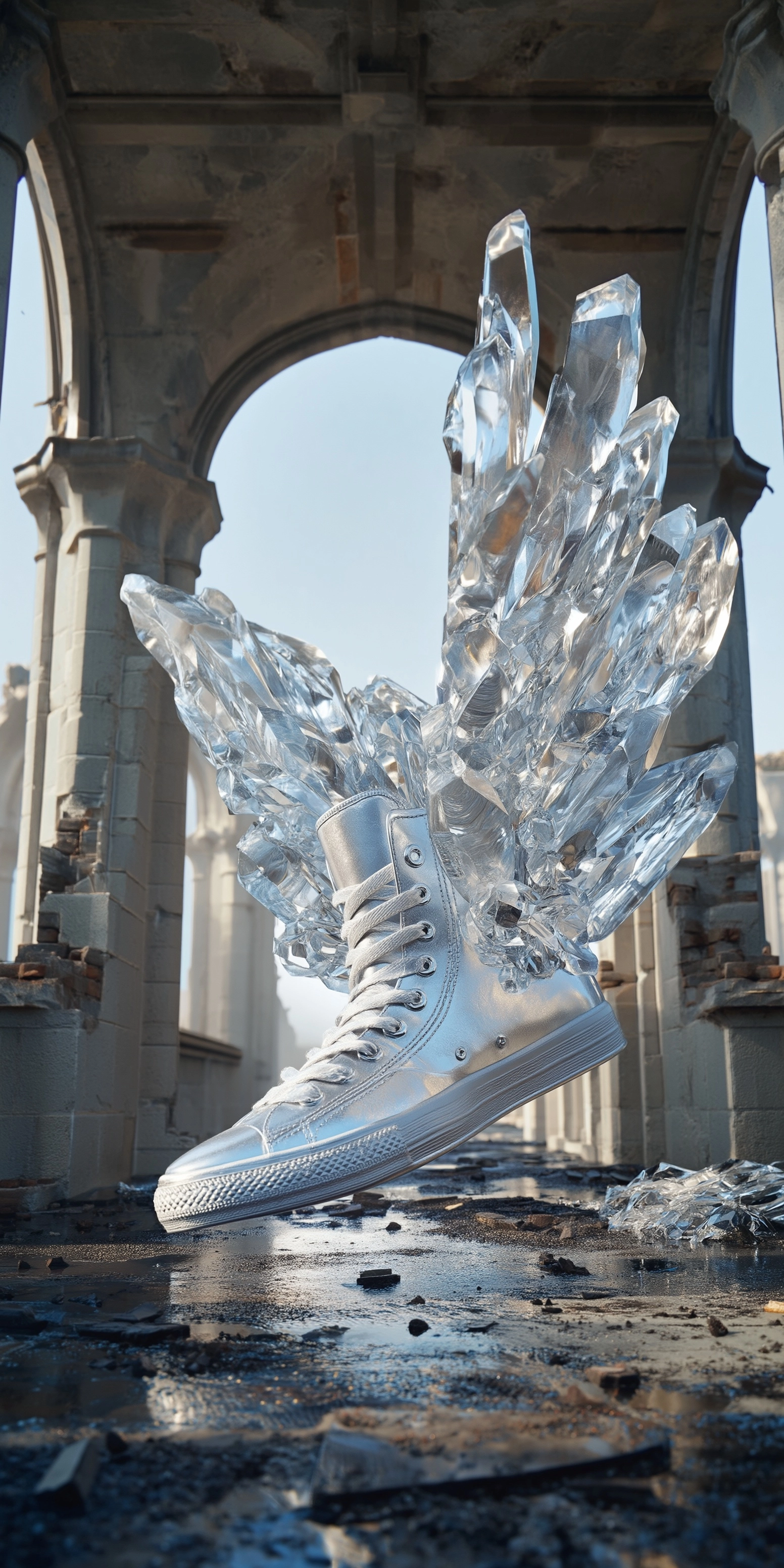 A silver sneaker with huge crystal wings, flying above a ruin with some crystal, high contrast