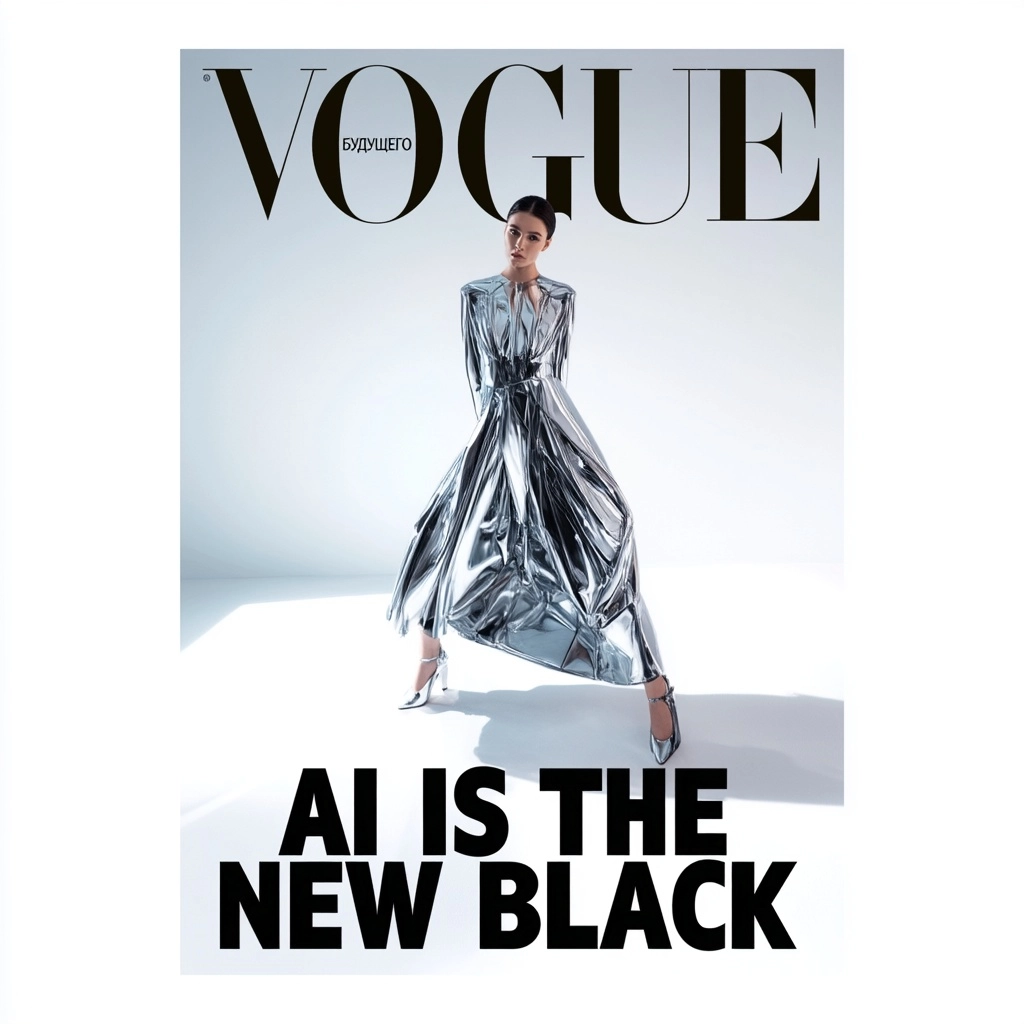 A stunning high-fashion magazine cover, bold elegant serif typography at the top reads "VOGUE БУДУЩЕ