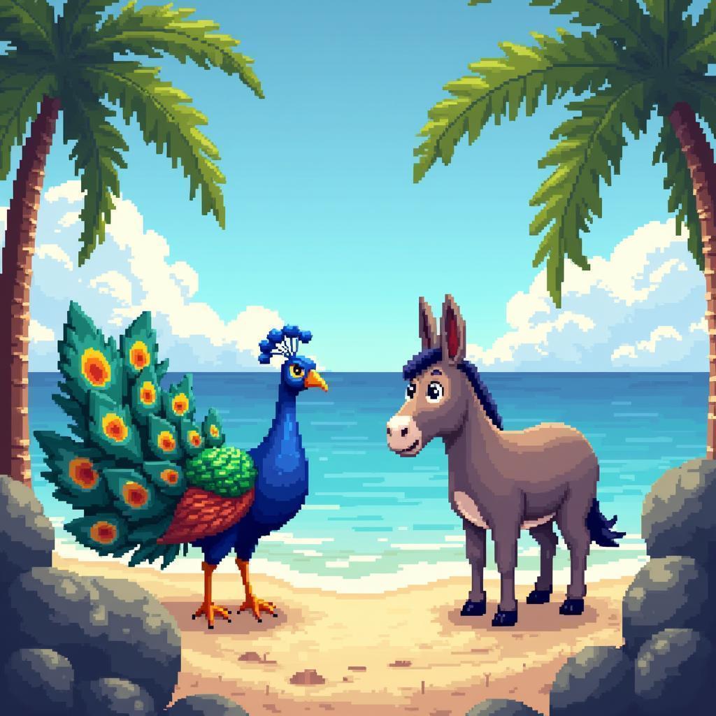 Pixel Peacock and Donkey on Sunlit Beach
