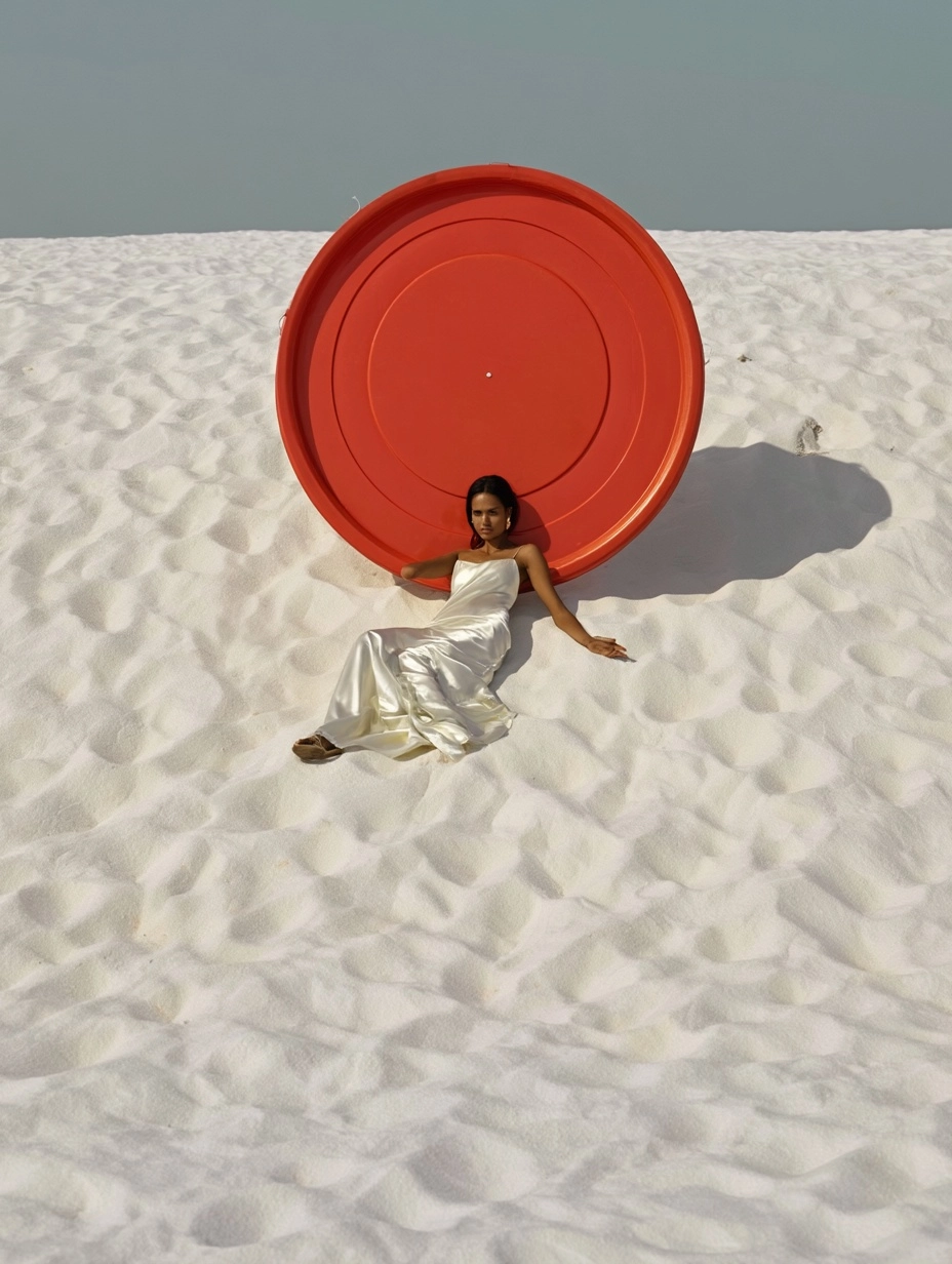 A surreal high-fashion shot on white dunes. A monumental red TUDI lid used as an umbrella as