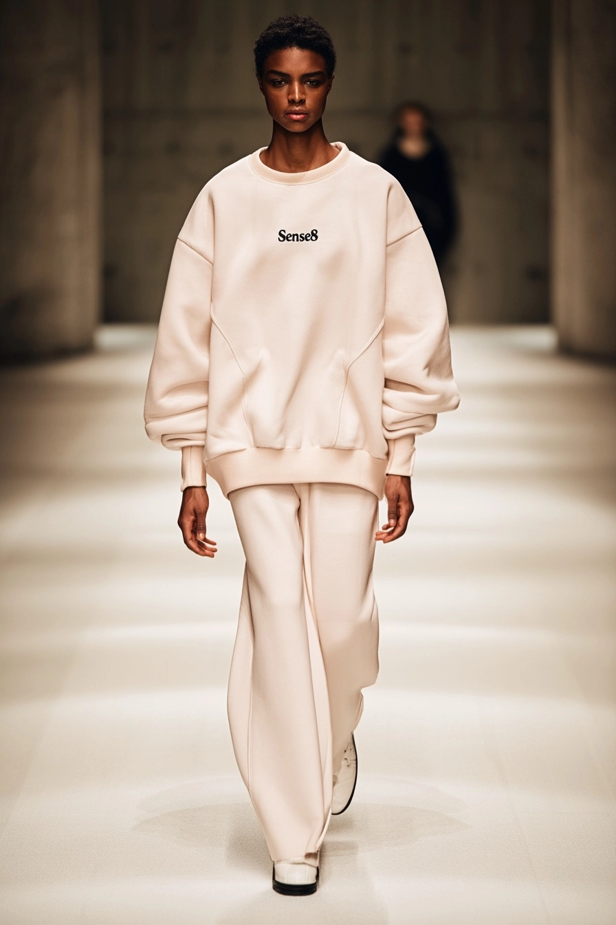 A tall, masculine male model strides confidently down the runway at Milan Fashion Week