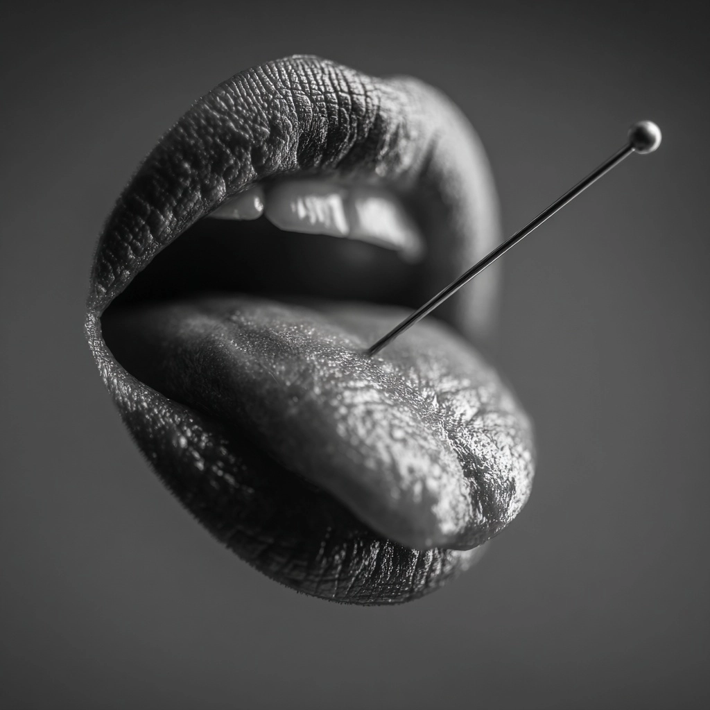 A tongue sticking out with a sewing needle in it- studio lighting, realistic, black and white