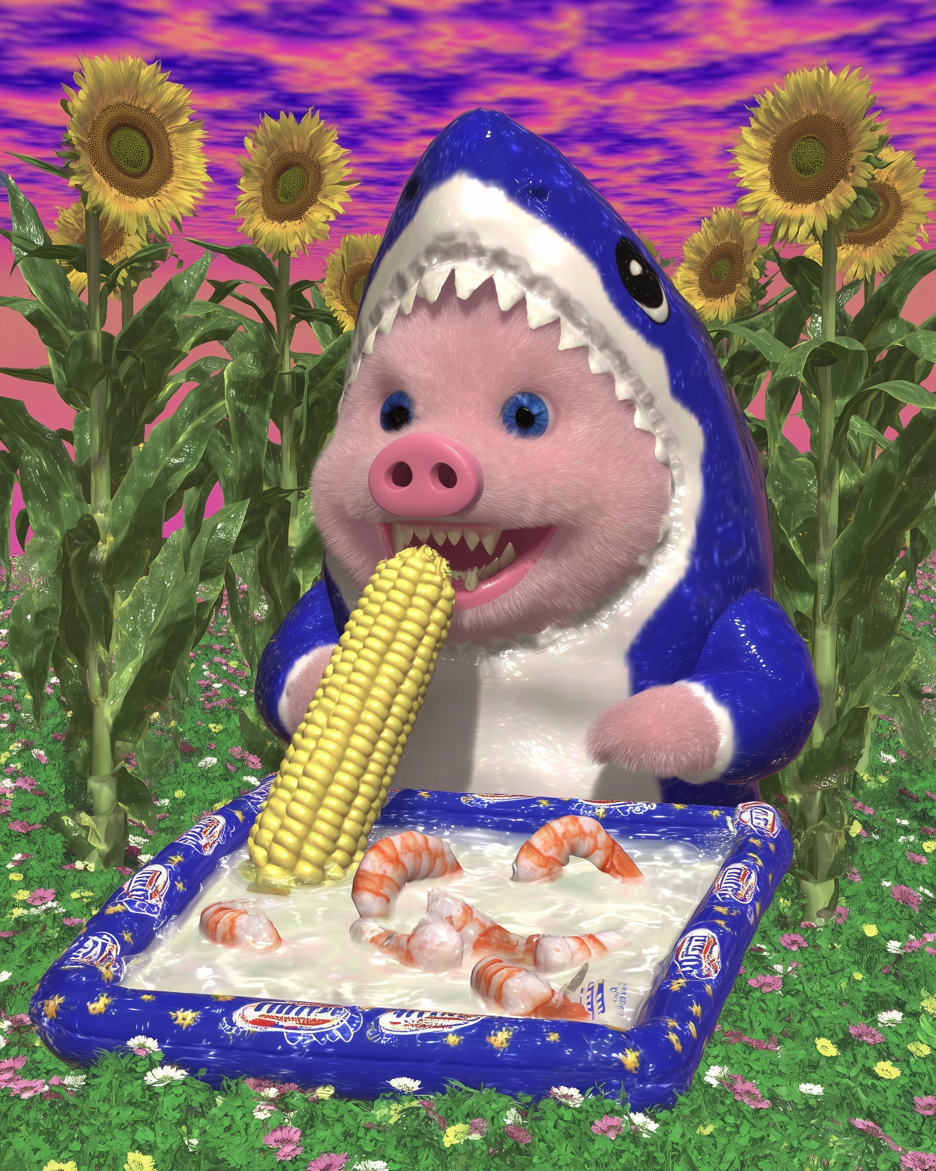A toy pig wearing a shark costume is eating a cob of corn