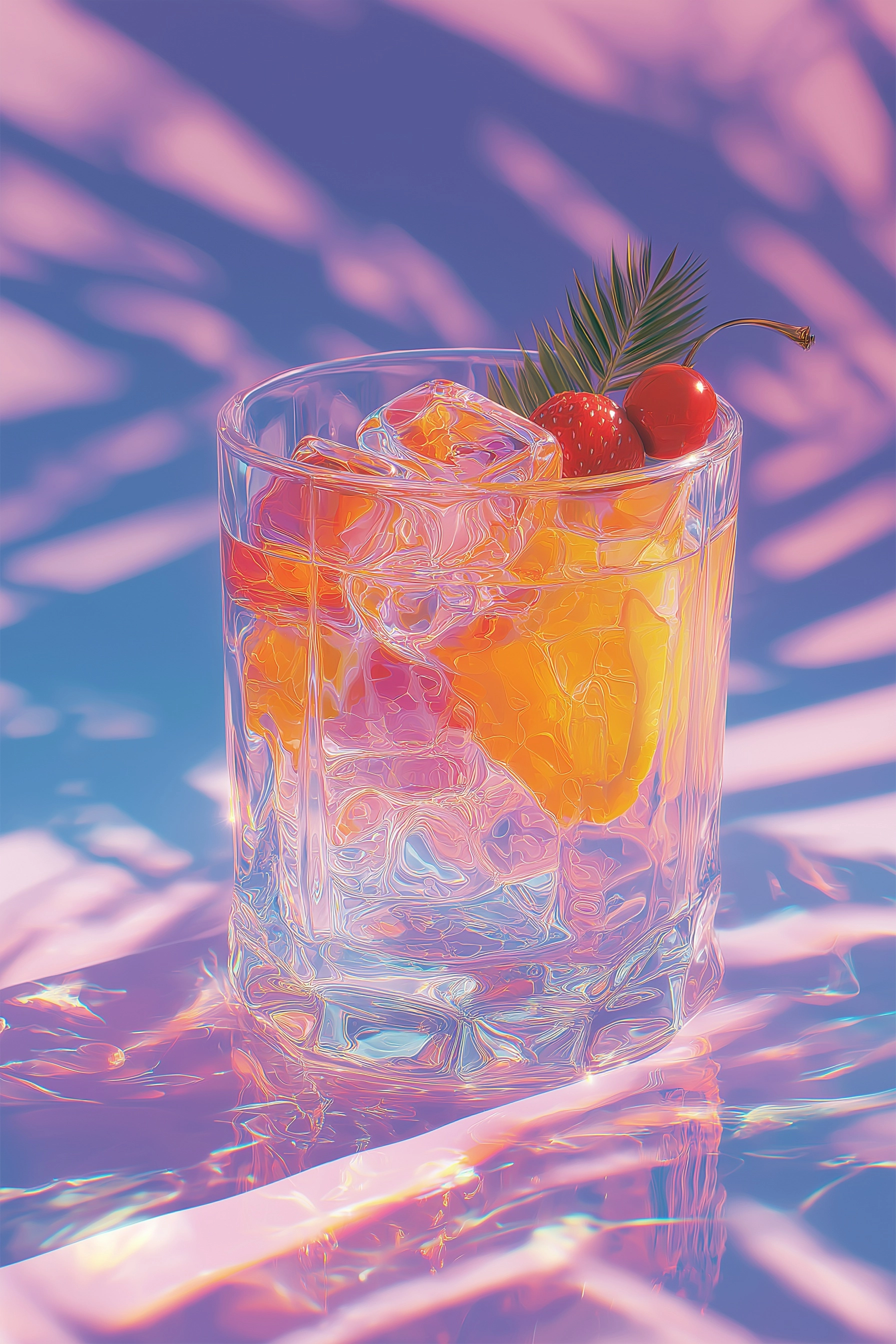 A vaporwave inspired poster of a tropical cocktail. Glass with ice and a garnish of beautiful fruit.