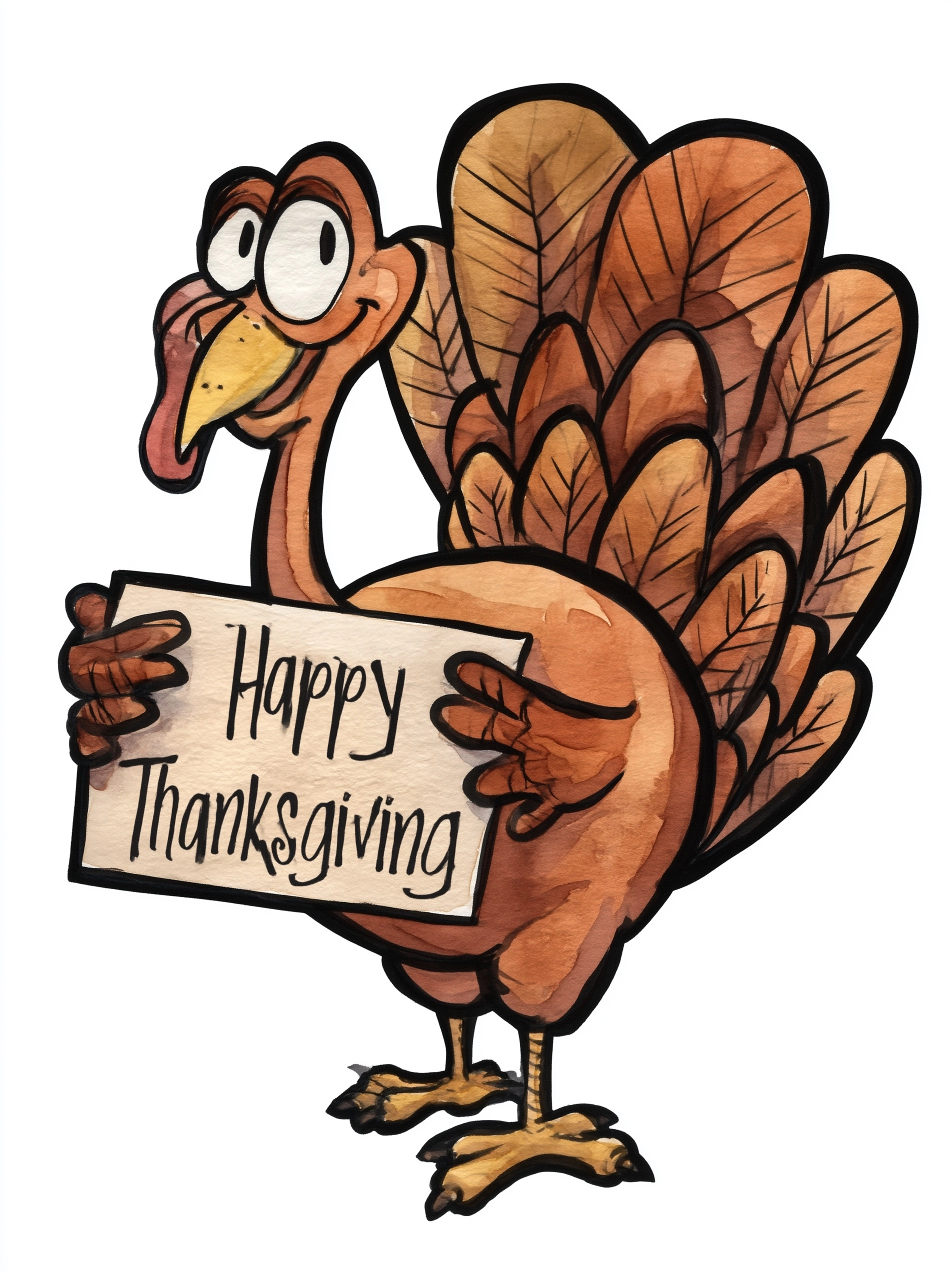 A watercolor-style illustration of a Thanksgiving turkey. The turkey is holding a sign that reads "H