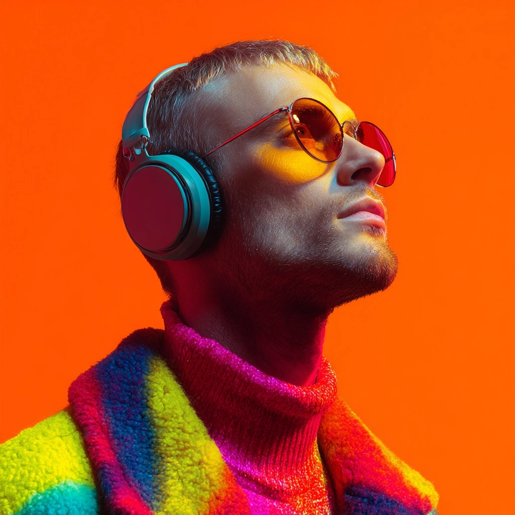 A white man wearing sunglasses and headphones, dressed in an outfit with vibrant neon colors