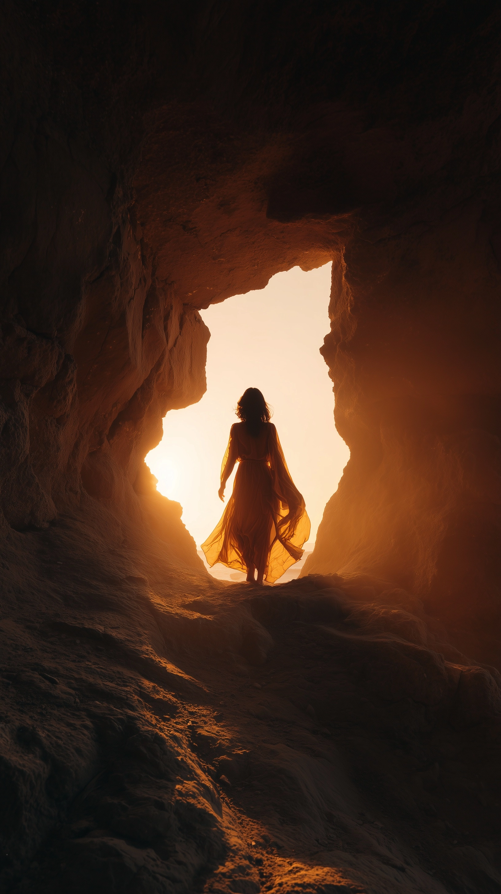 A woman stepping out of a cave into morning light, silhouette in the cave opening