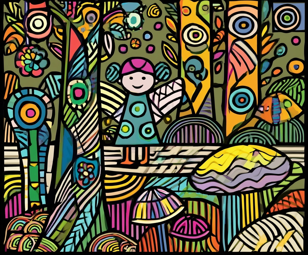 The fairy cute child in the magic forrest, Color, Eerie black, Xanthous, Alabaster, Tekkhelet