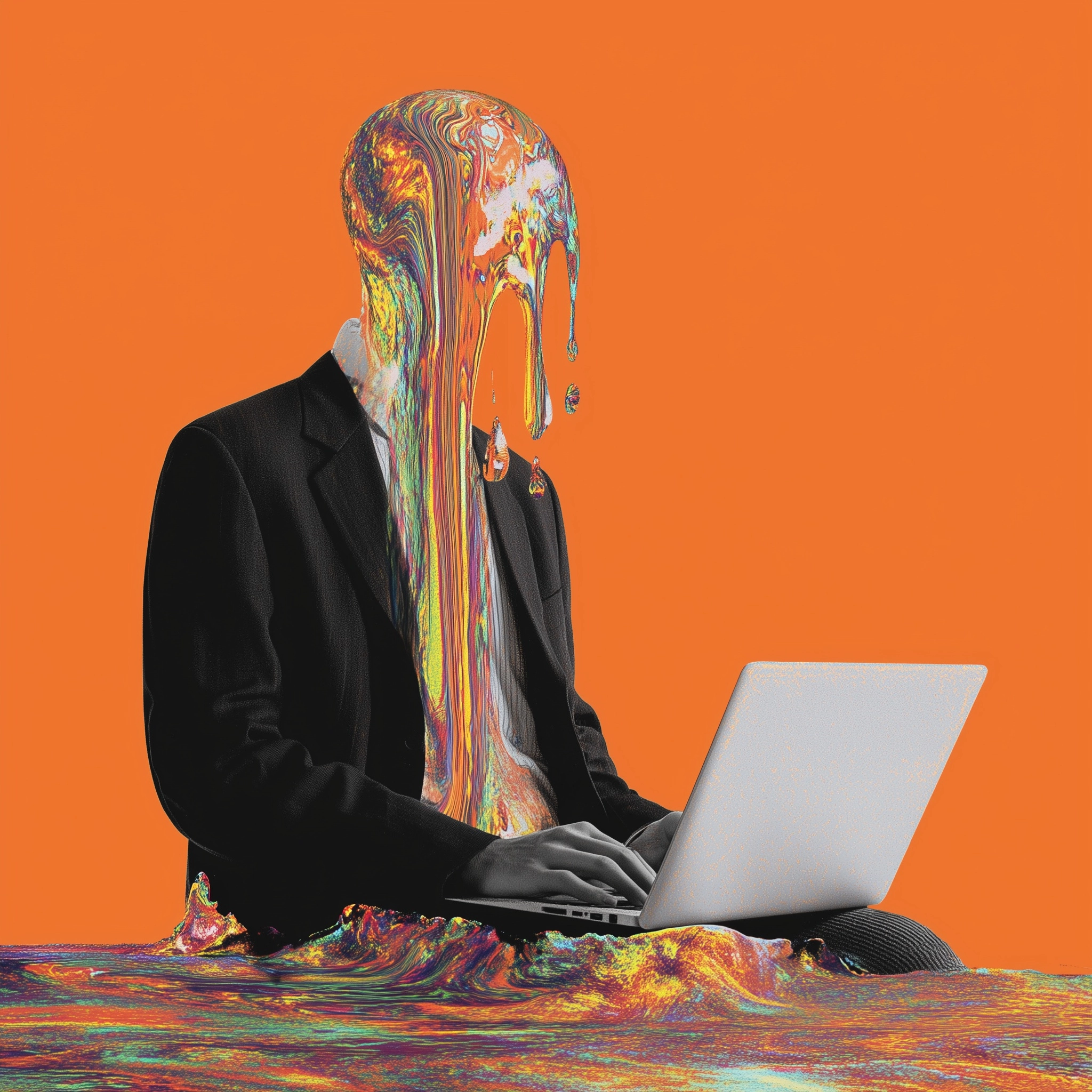 Album cover for the idea of a man with laptop as his head, liquid head melts, trippy , glitchy