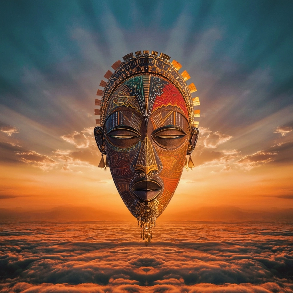 An african tribal mask with intricate patterns, floating above the clouds at sunset. the lighting is