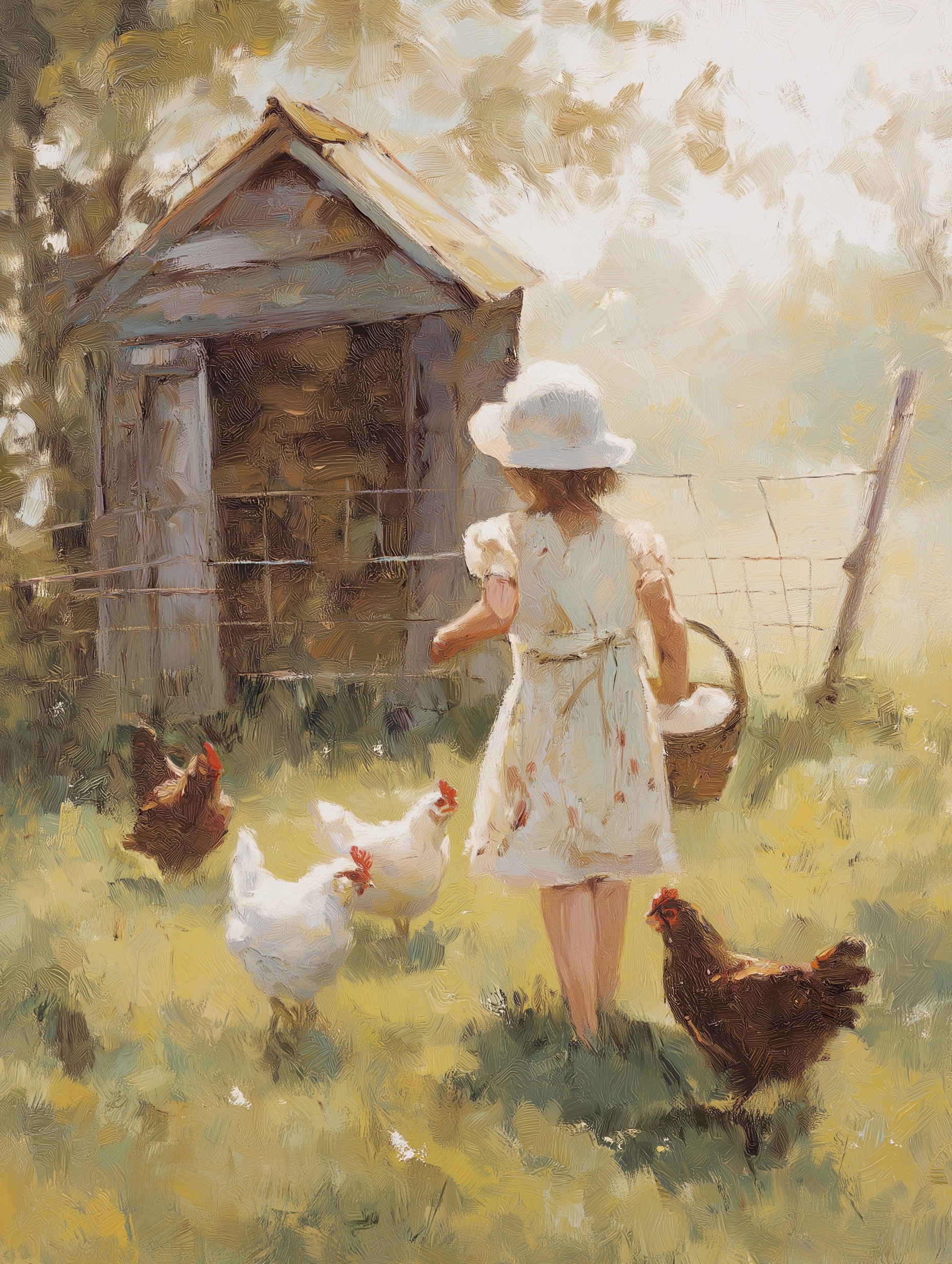 An impressionistic oil painting of a young girl in a spring dress with vintage apron and vintage bon