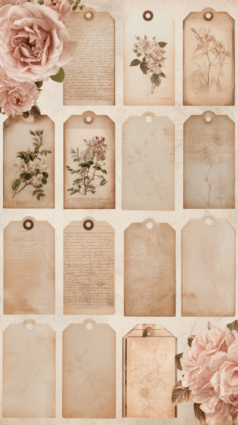 Antique botanical tag sheet with blush pink garden roses, aged botanical book pages