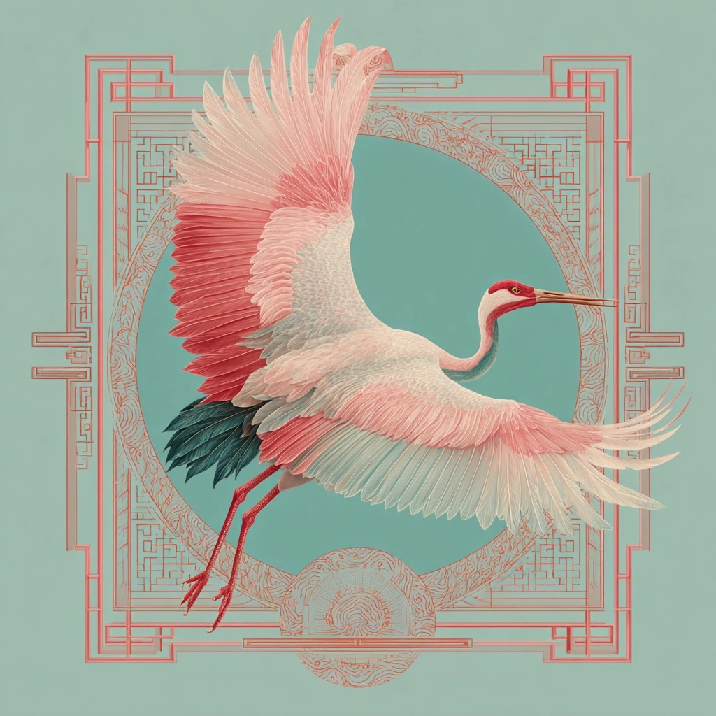 Artwork of a light aqua background, light coral pink crane flying in the centre
