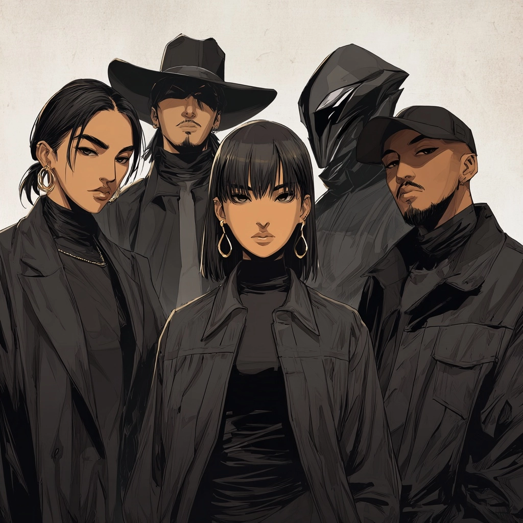 Badass animated band poster, anime-inspired semi-realistic style, four members, olive skin