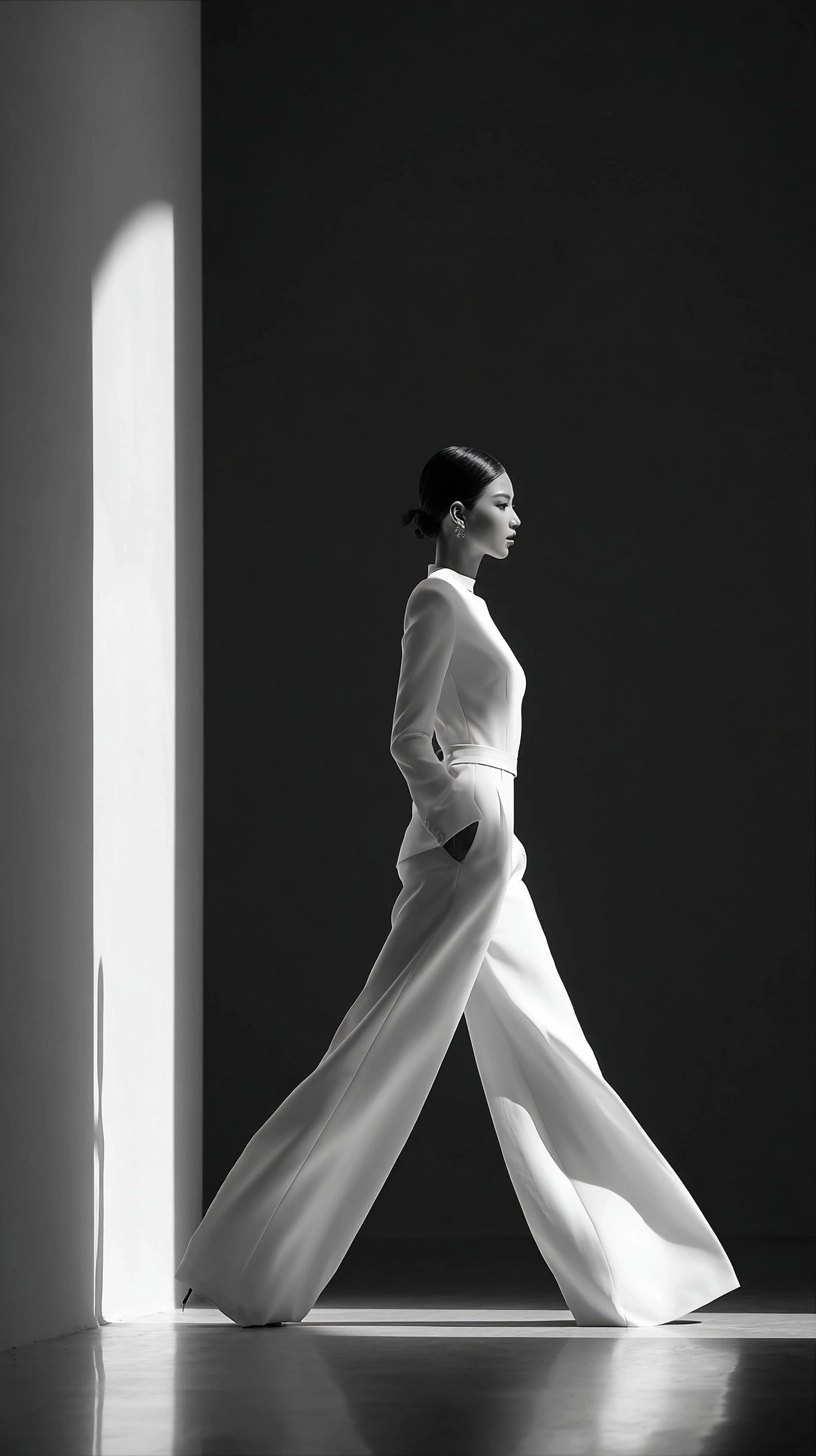 High-end fashion photography, in black and white minimalist style