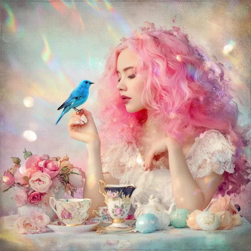 Beautiful girl,pink long hair.blue bird.Elegant tea setting with roses and decorated eggs