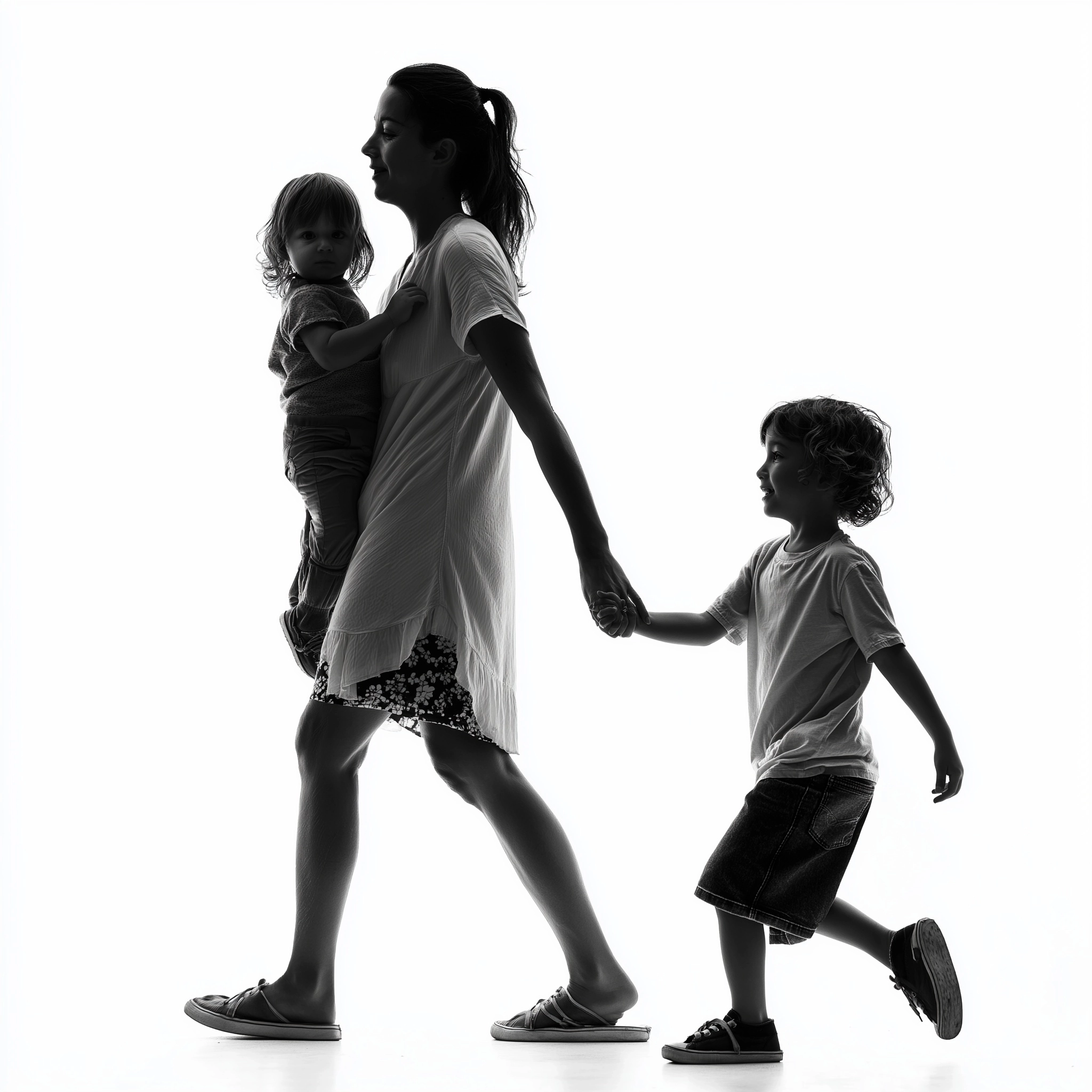 Black and white photo of a mom carrying a child and holding the hand of a second walking child