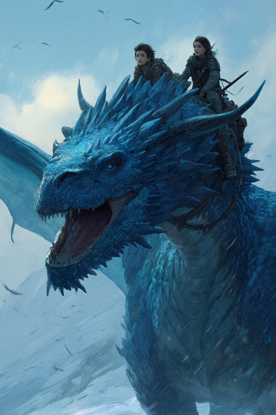 Book cover illustration. two person riding a wild blue dragon with a super long neck