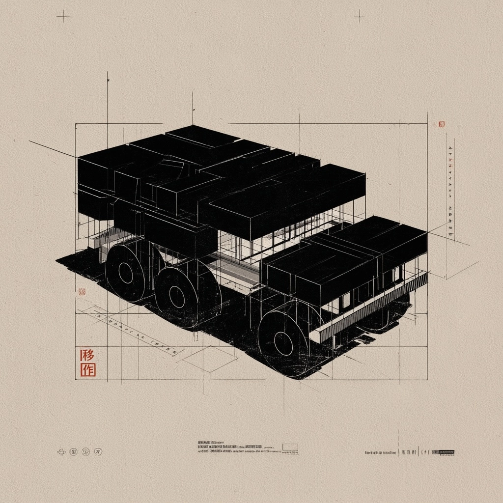 Brutalist geometric logo of a boxy off-road vehicle. The roof and upper body are constructed from th