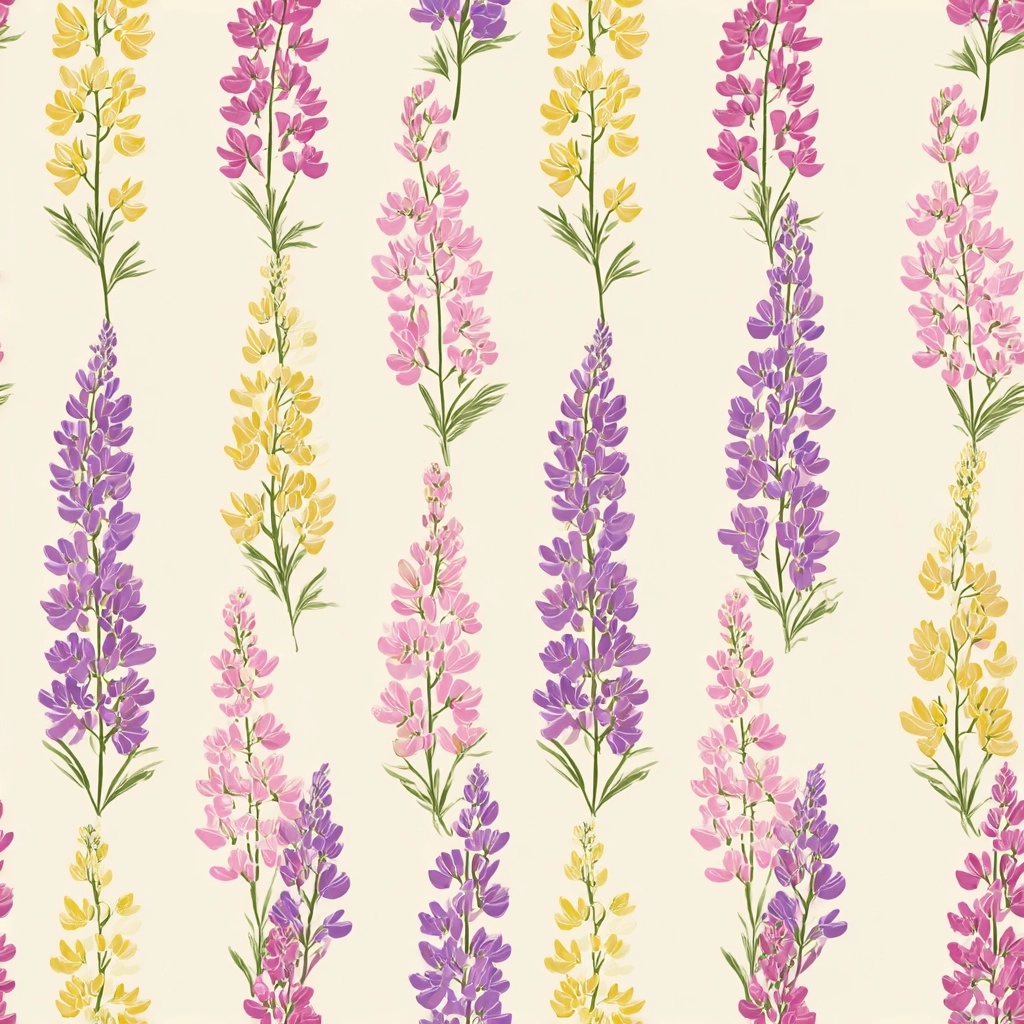 Seamless floral pattern, lupine flowers, flat illustration, light purple, pink, yellow