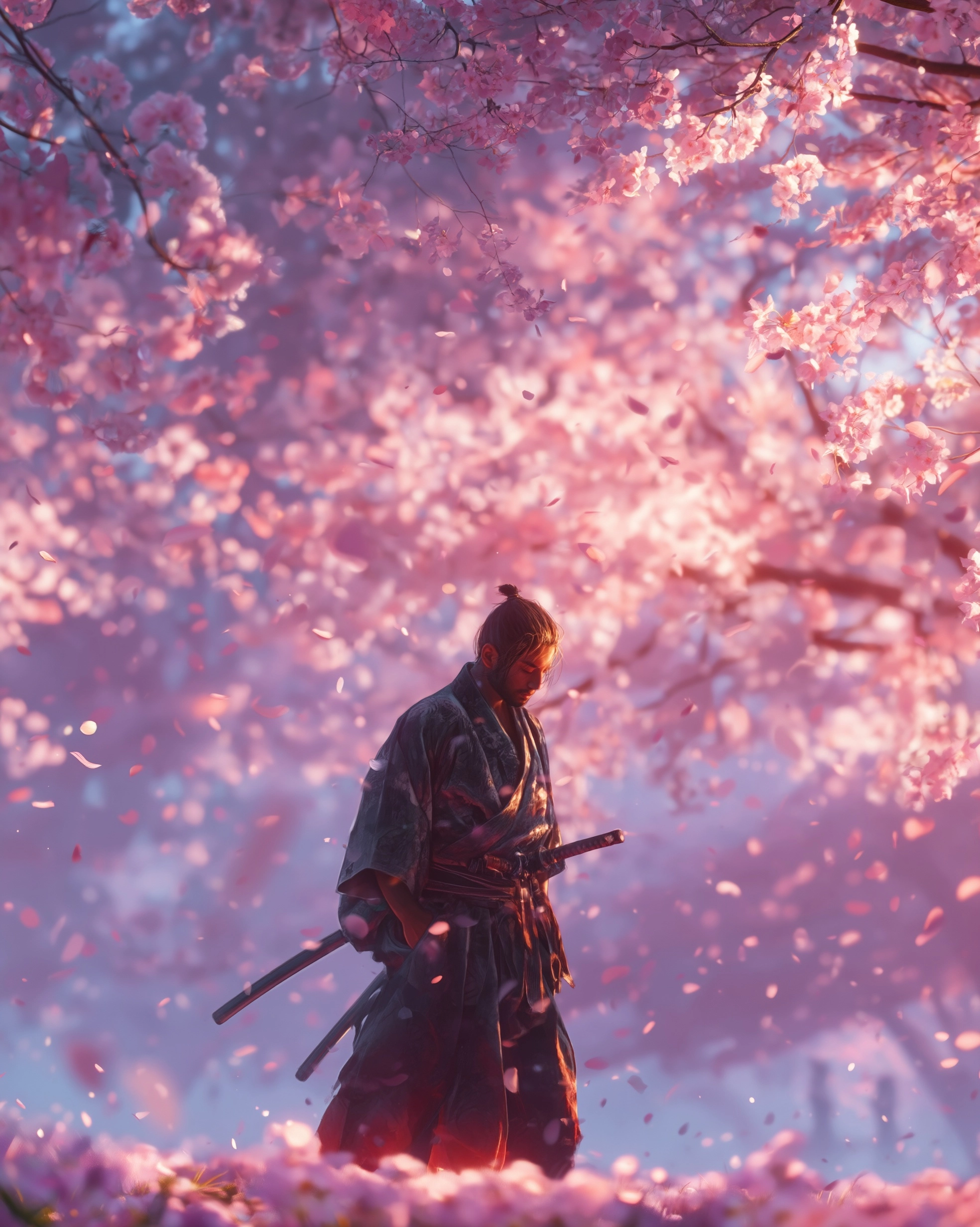Cinematic anime wallpaper style, a samurai walking slowly through a cherry blossom field