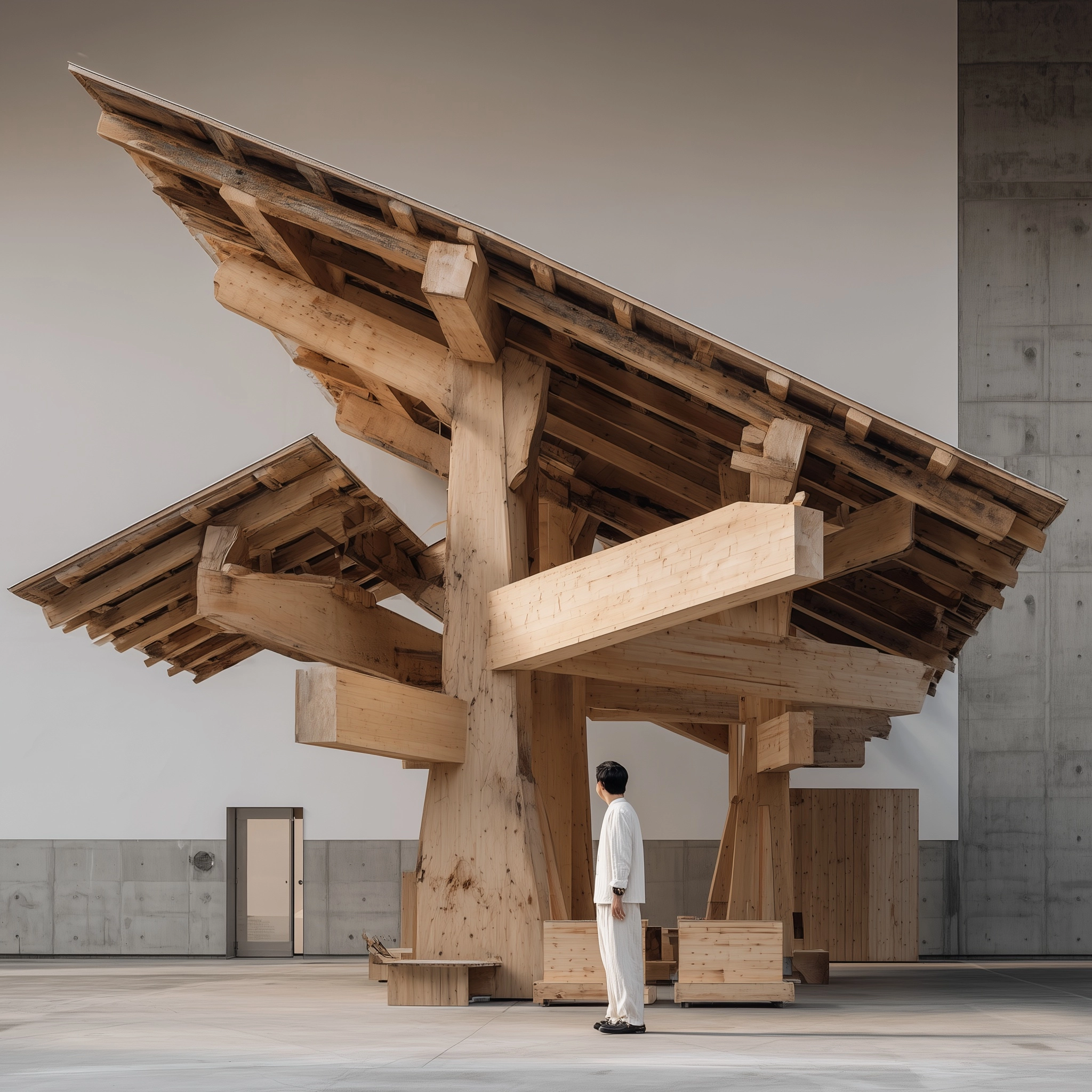 A wooden truss structure with an L-shaped roof, designed by Japanese architect Tadao Ando. A still l