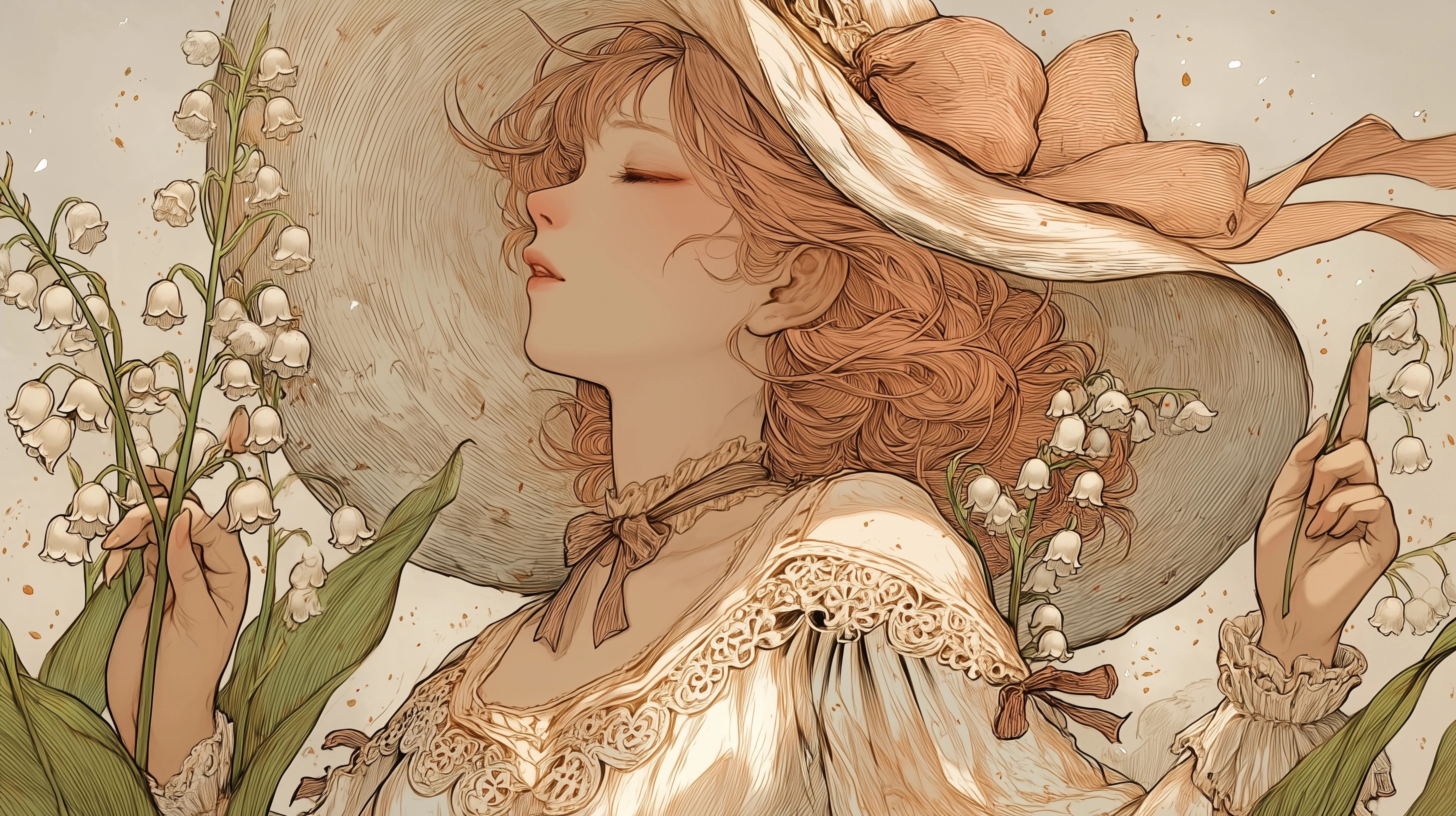 CLAMP style illustration, a gentle flower witch with eyes softly closed