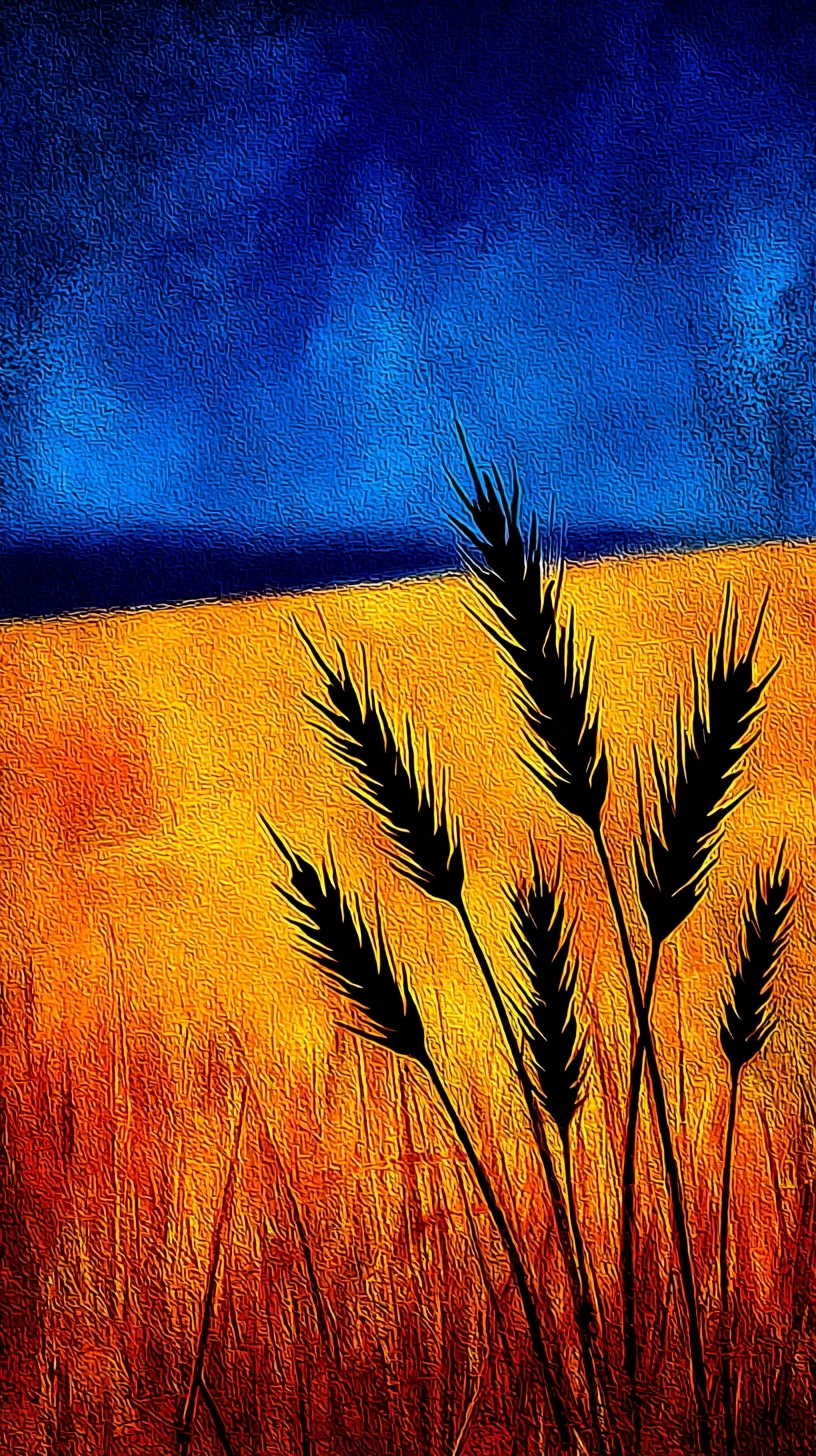 A golden wheat field, with the sun shining on it and a blue sky in the background. The grain is full