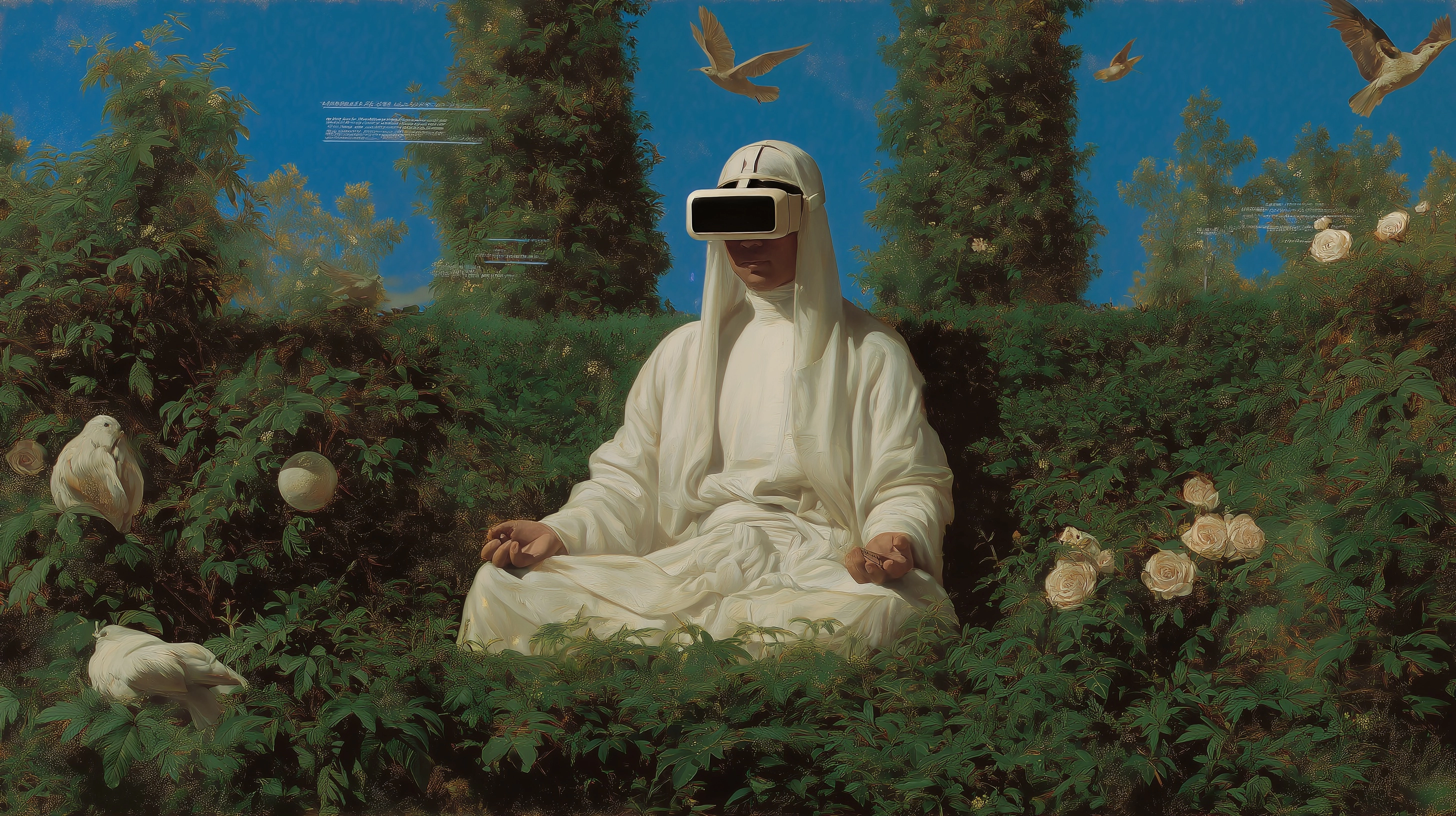 Classical oil painting, a figure in white robes meditating in a lush garden wearing a VR headset