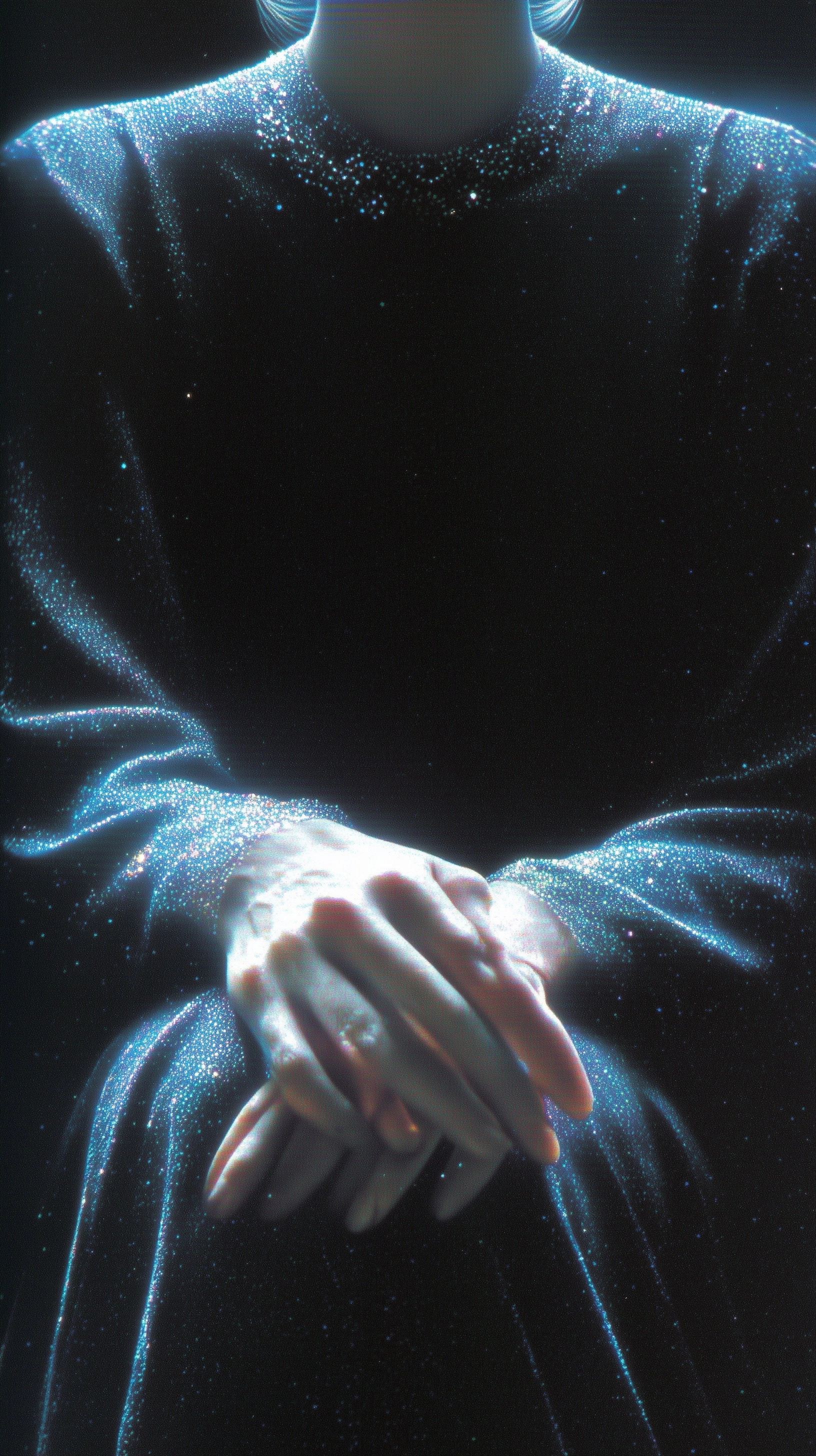 Close detail of the pale blonde muse’s hands in her lap, fingers softer and more tired now