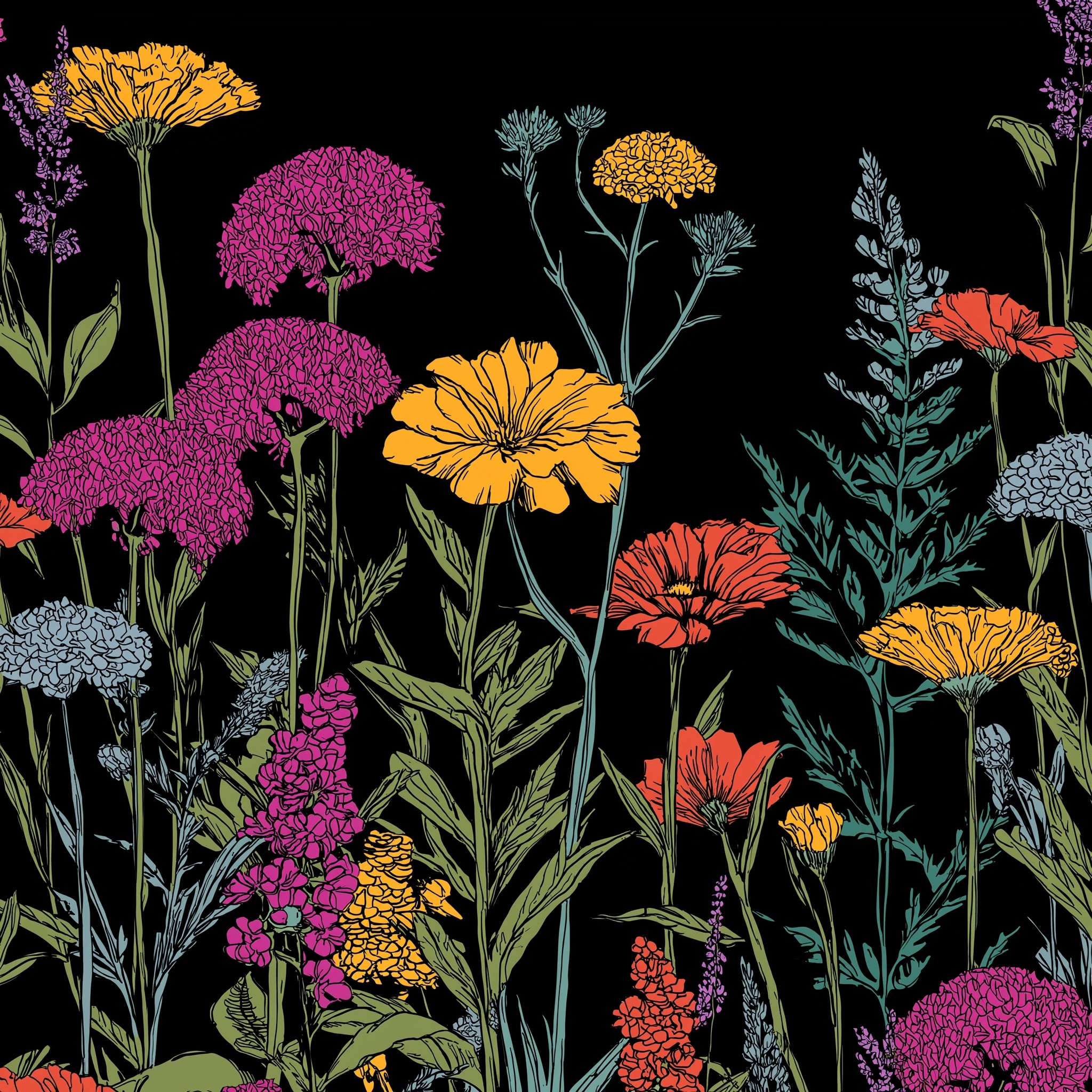 Colorful wildflowers on a black ground. high definition with black outlines