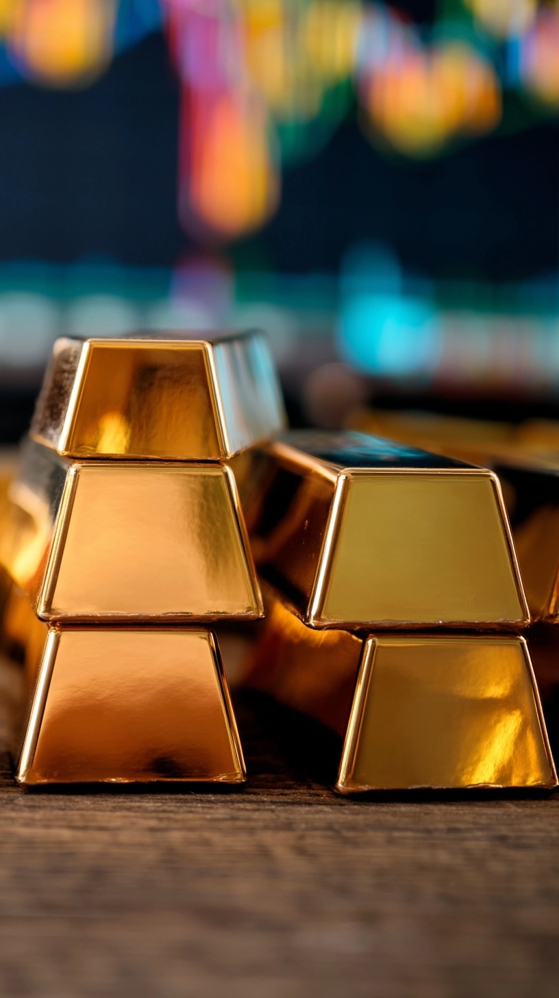Close up of gold bars stacked on a table with blurred stock market chart in background