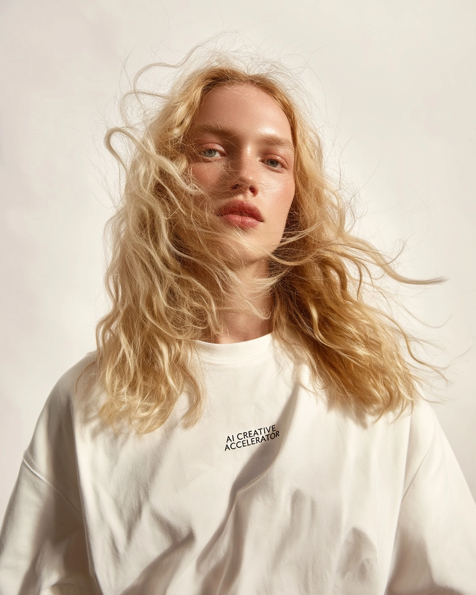 Close-up of the woman's hair, showing long and wavy blond locks that flow around her face