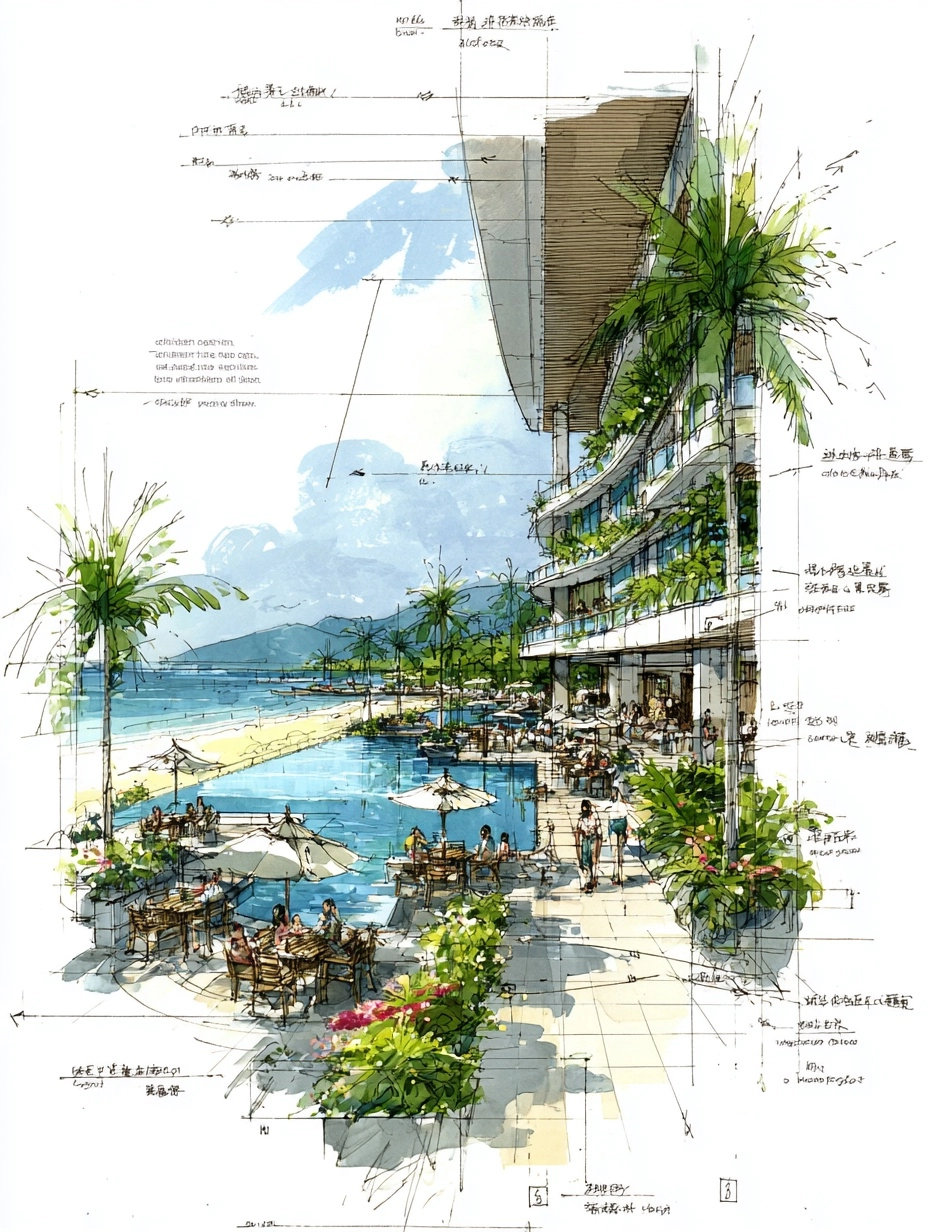 Concept sketch of a luxury beachfront hotel in Sanya