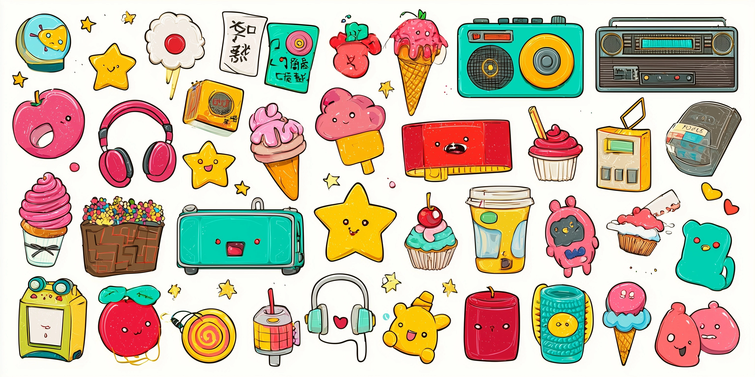 Cool cute japanese vector cartoon stickers in grid on white background, bold colors, radio