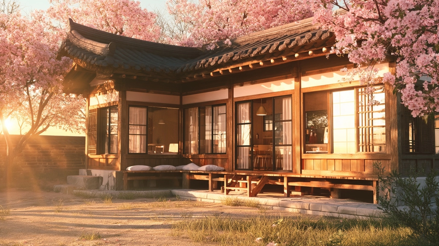 Cozy Korean hanok style cafe in spring, cherry blossom trees blooming, warm morning sunlight