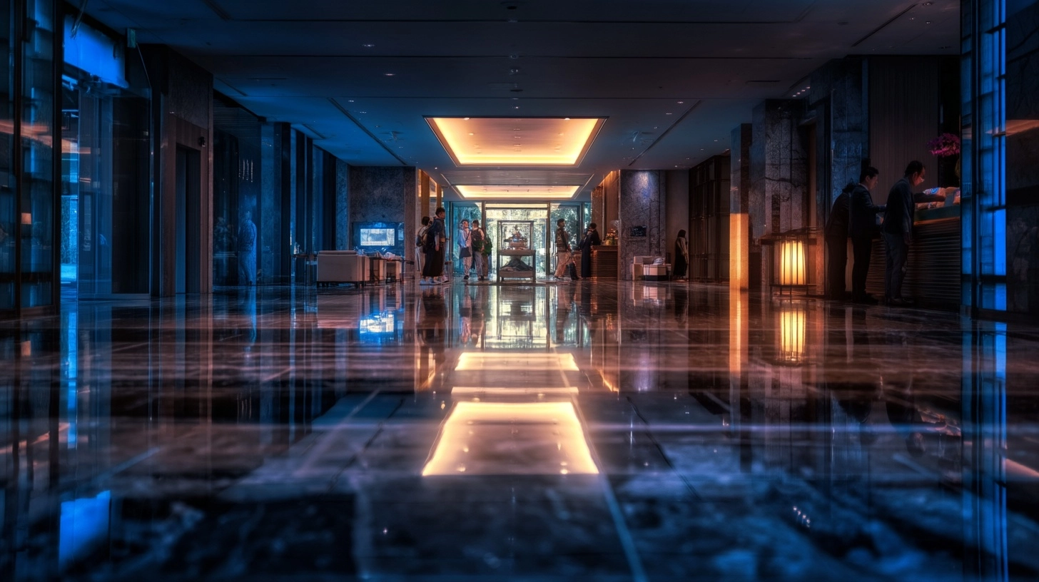 Documentary-style photograph of a hotel lobby interior, shot on Canon EOS R6 with 35mm f1.8 lens